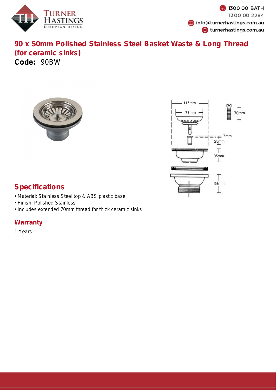 Turner Hastings 90BW Specifications Sheet