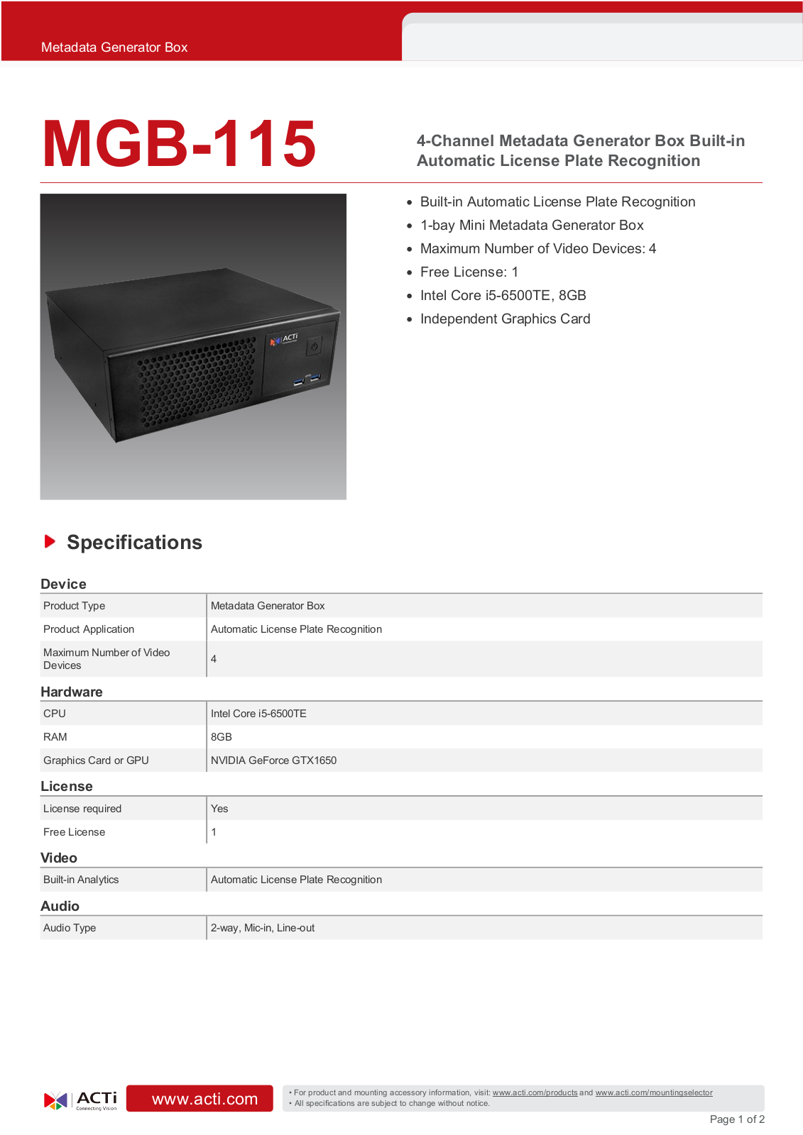 ACTi MGB-115 Specsheet