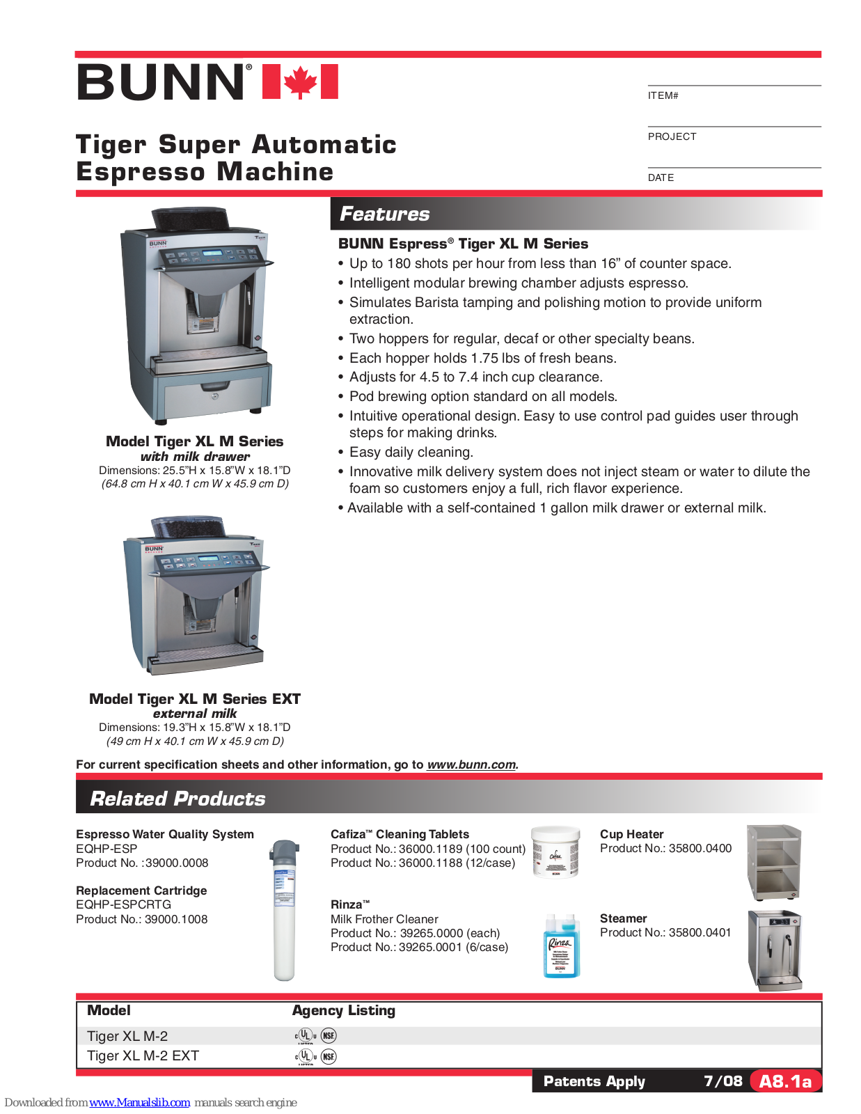 Bunn Tiger XL M-2 EXT Specification Sheet