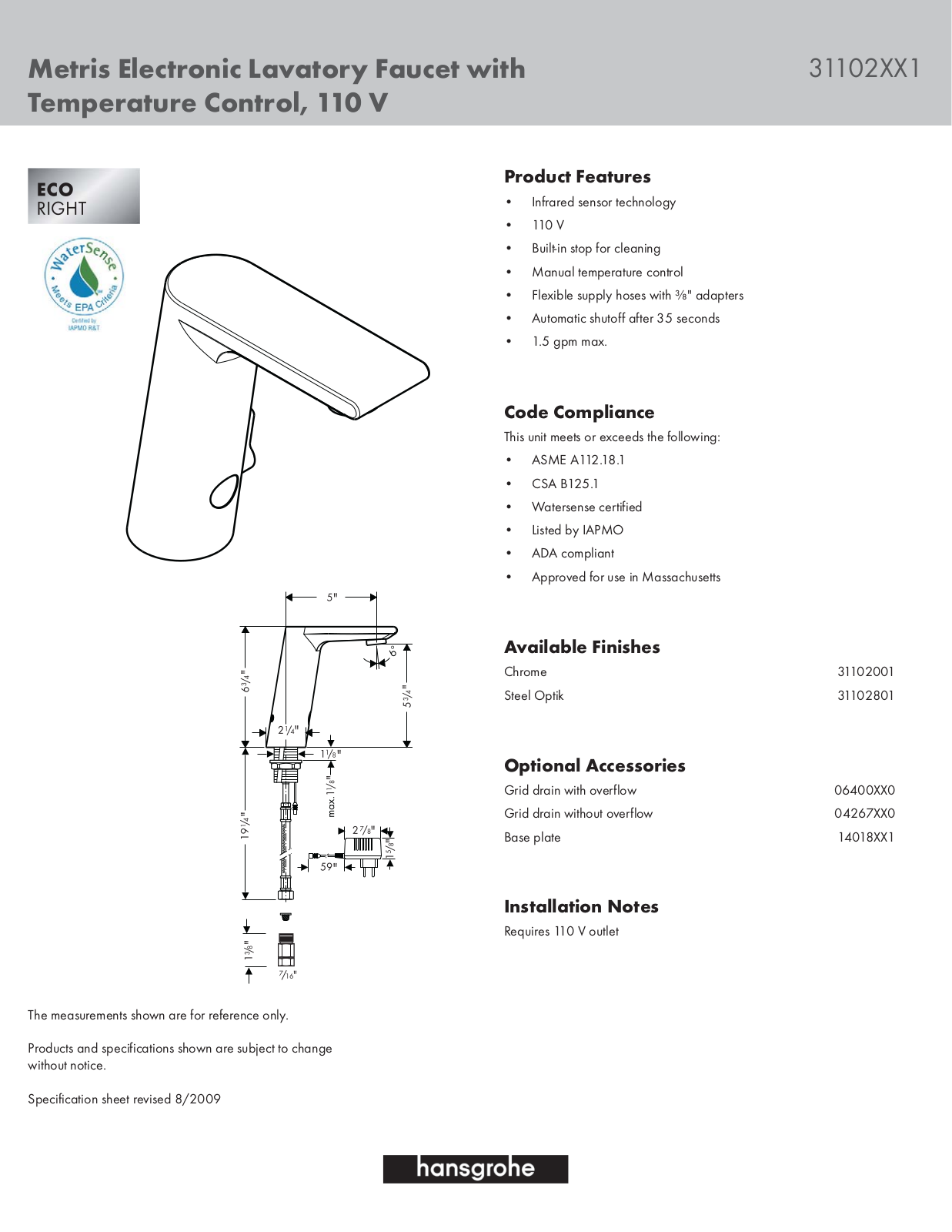 Hansgrohe 31101001 Specs