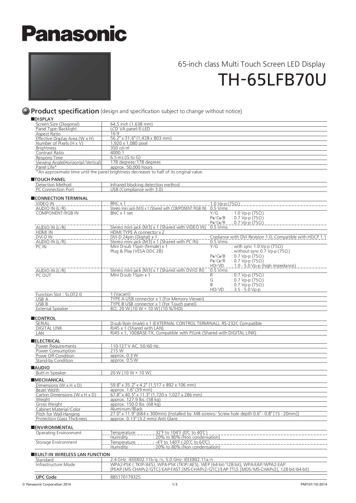 Panasonic TH-65LFB70U Specsheet