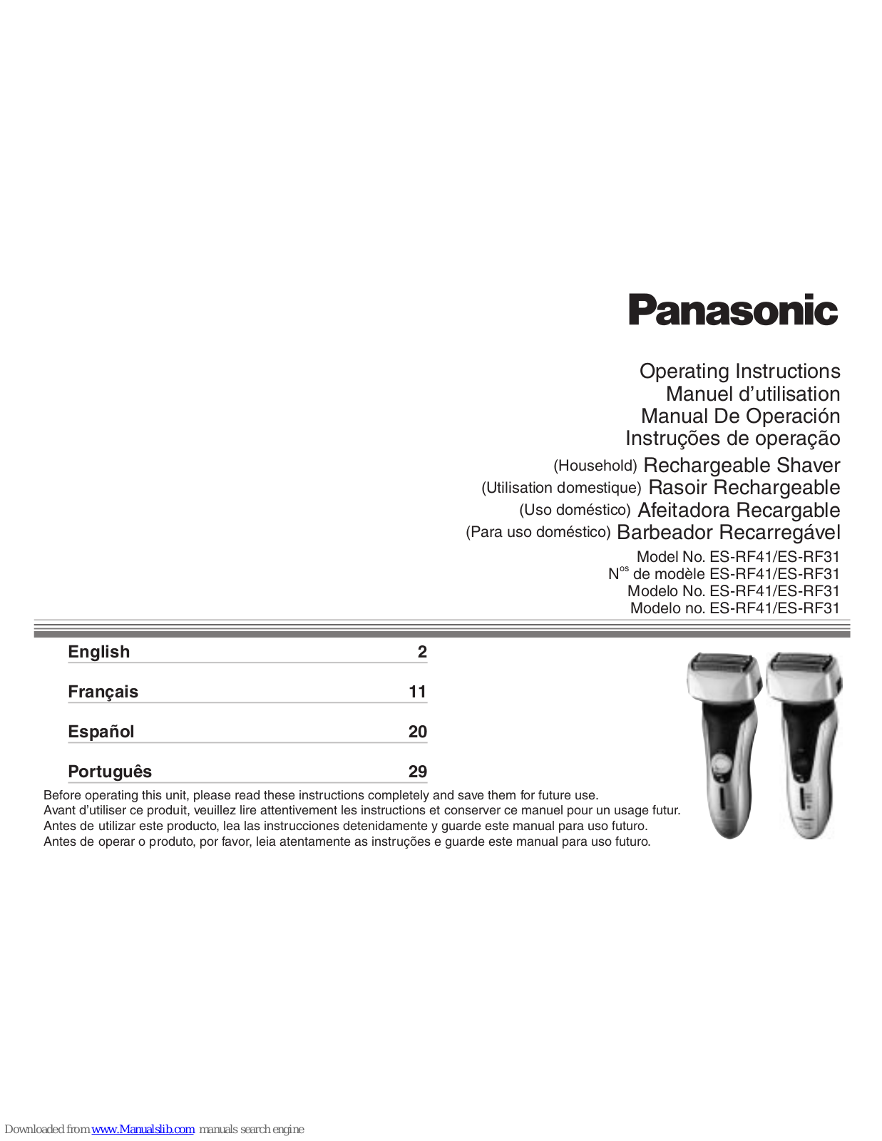 Panasonic ES-RF31-S, ES-RF31-Q, ES-RF31 Operating Instructions Manual