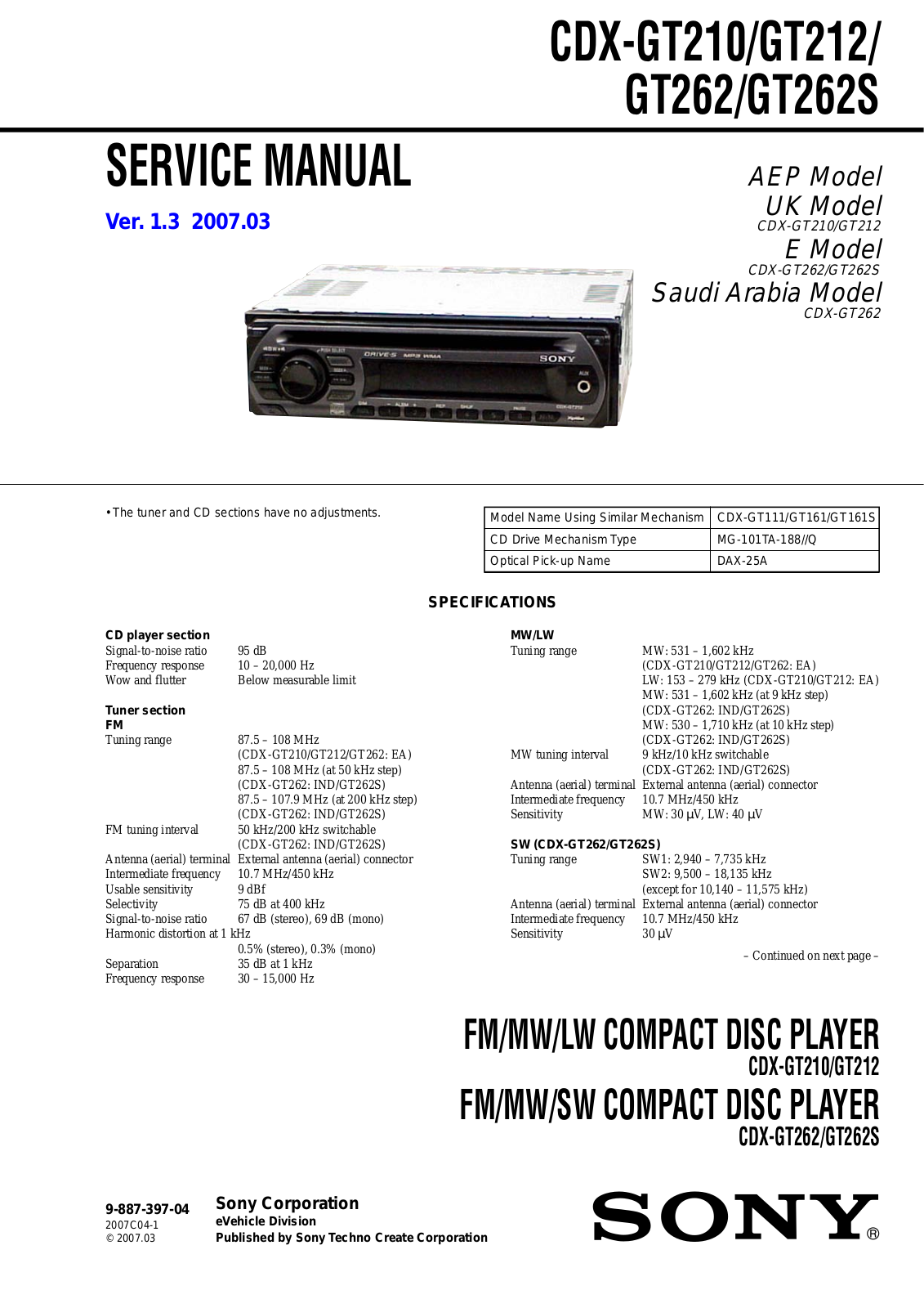 Sony CDX-GT210, CDX-GT212, CDX-GT262, CDX-GT262S Service Manual