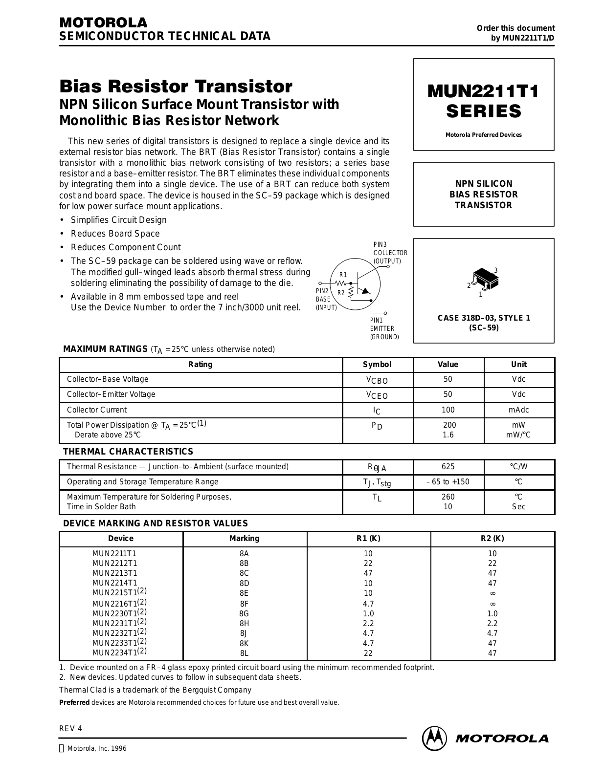 Motorola MUN2211T1, MUN2212T1, MUN2233T1, MUN2234T1, MUN2215T1 Datasheet