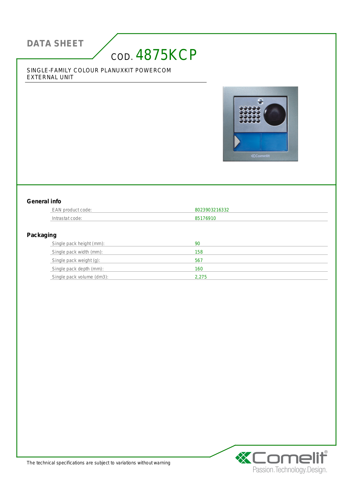 Comelit 4875KCP Specsheet