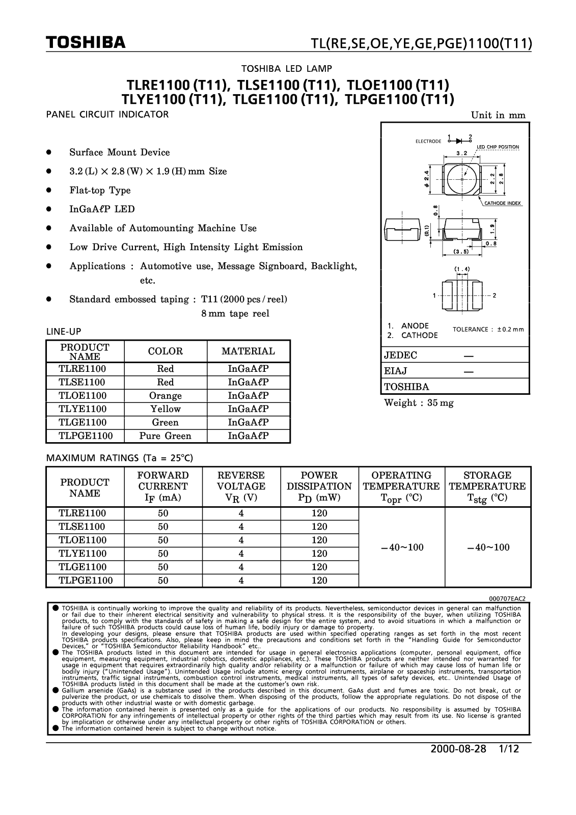 Marktech TLYE1100, TLRE1100, TLSE1100, TLPGE1100, TLOE1100 Datasheet