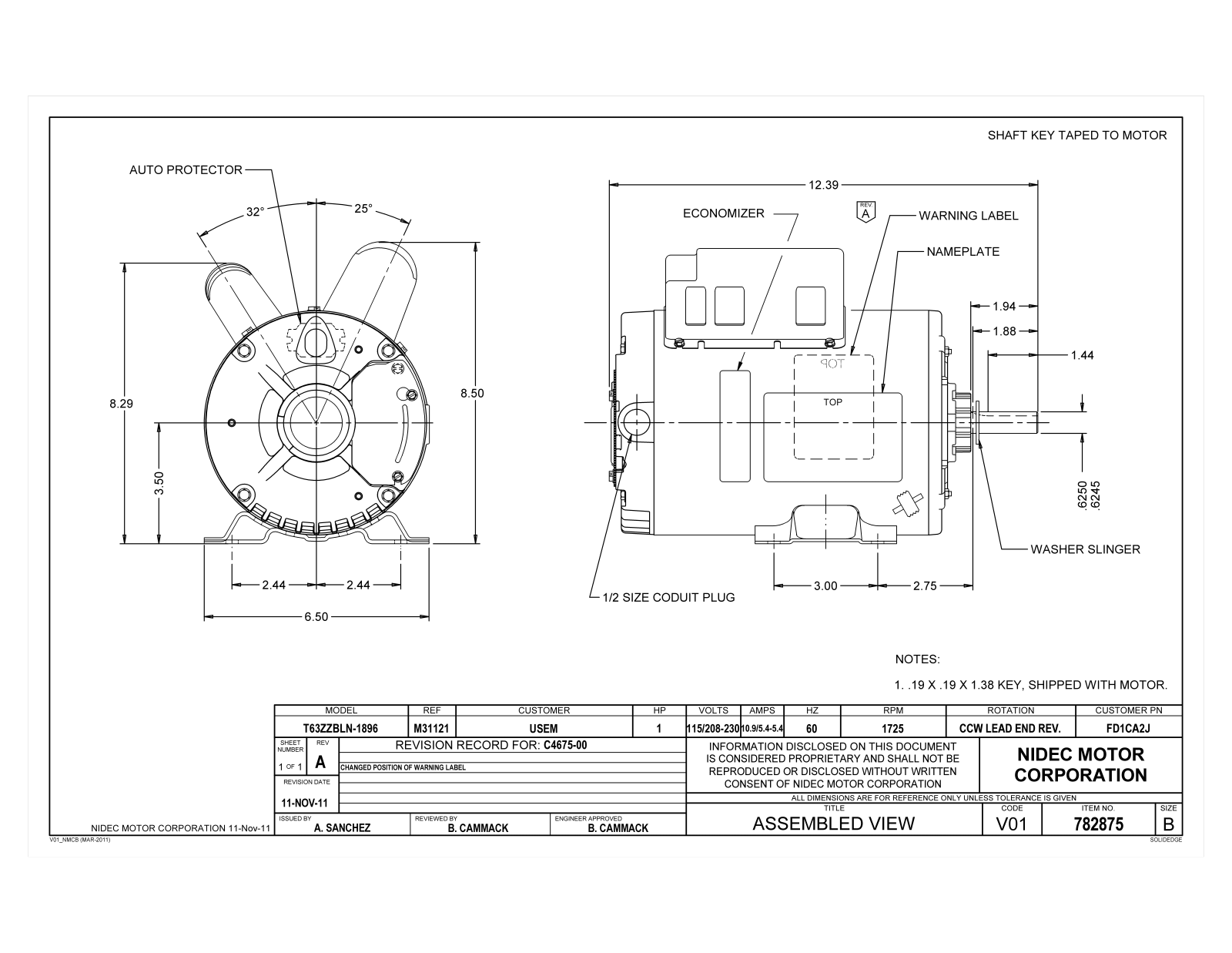 US Motors FD1CA2J Dimensional Sheet