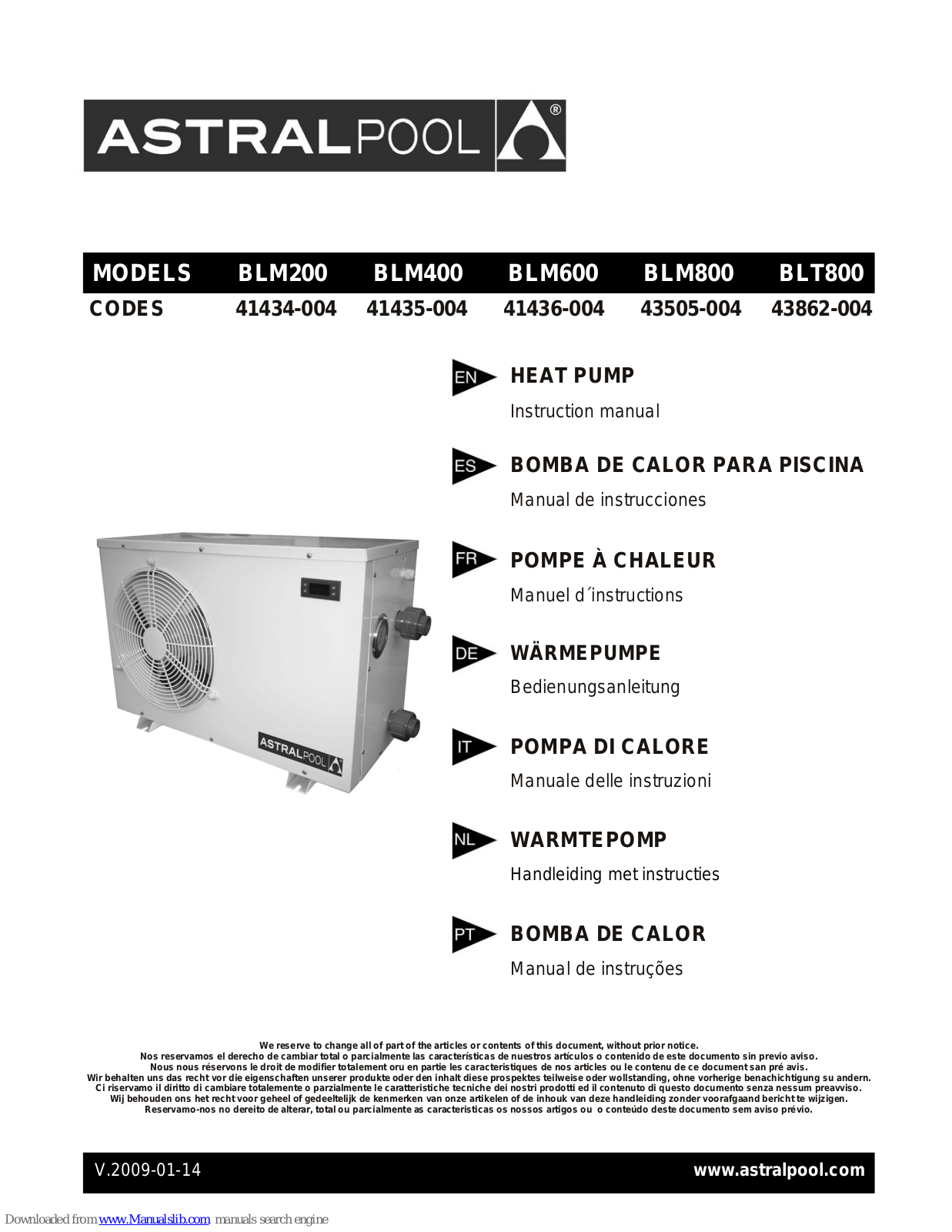 Astralpool BLM200, BLM400, BLM600, BLM800, BLT800 Manuel D'instructions - ManualMachine.com