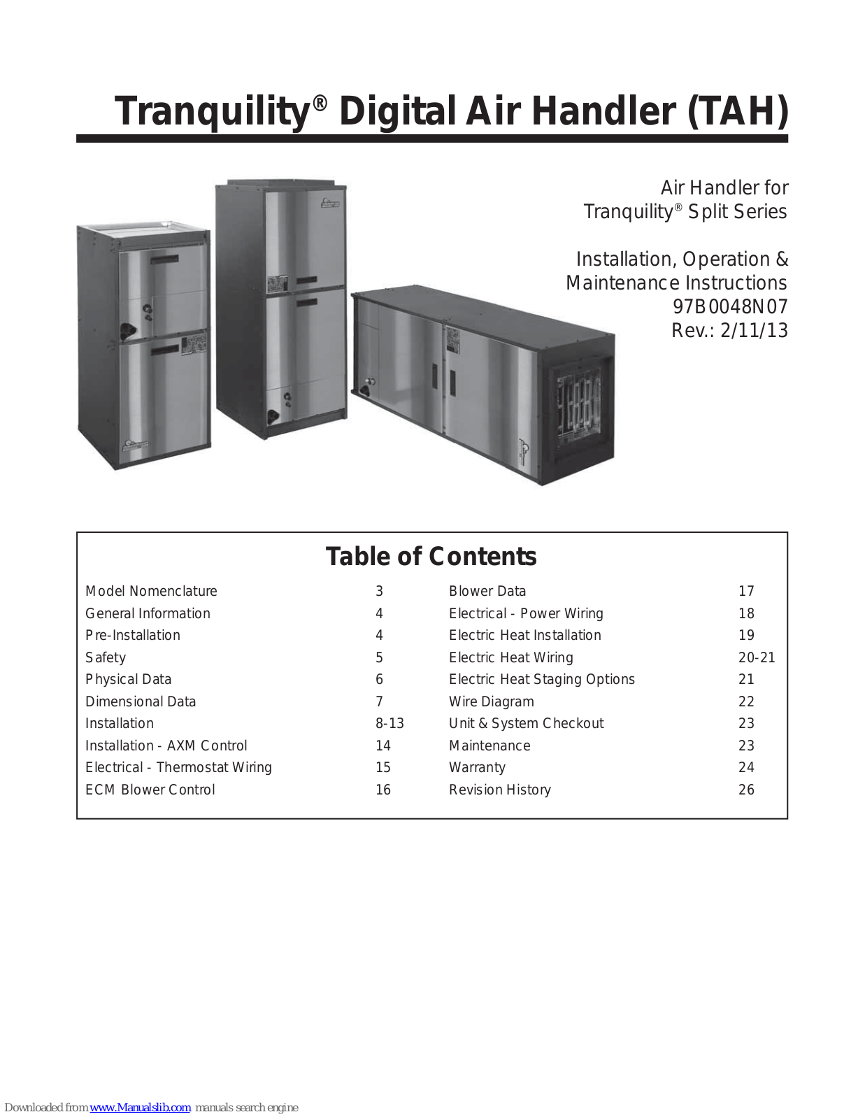 ClimateMaster Tranquility series, TAH 026-B, TAH 026-A, TAH 038-C, TAH 038-B Installation, Operation & Maintenance Instructions Manual