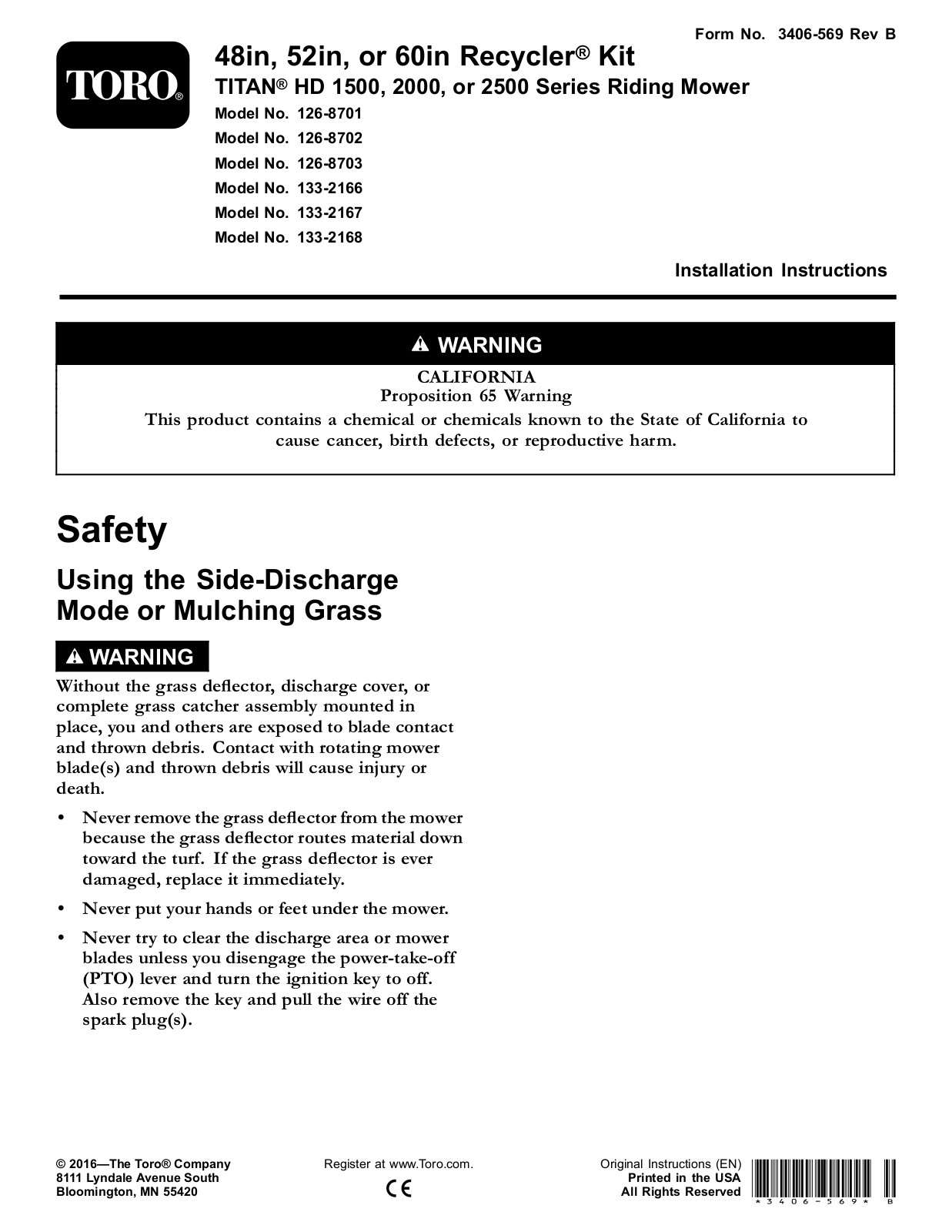 Toro 126-8701, 126-8702, 126-8703, 133-2166, 133-2167 Installation Instructions