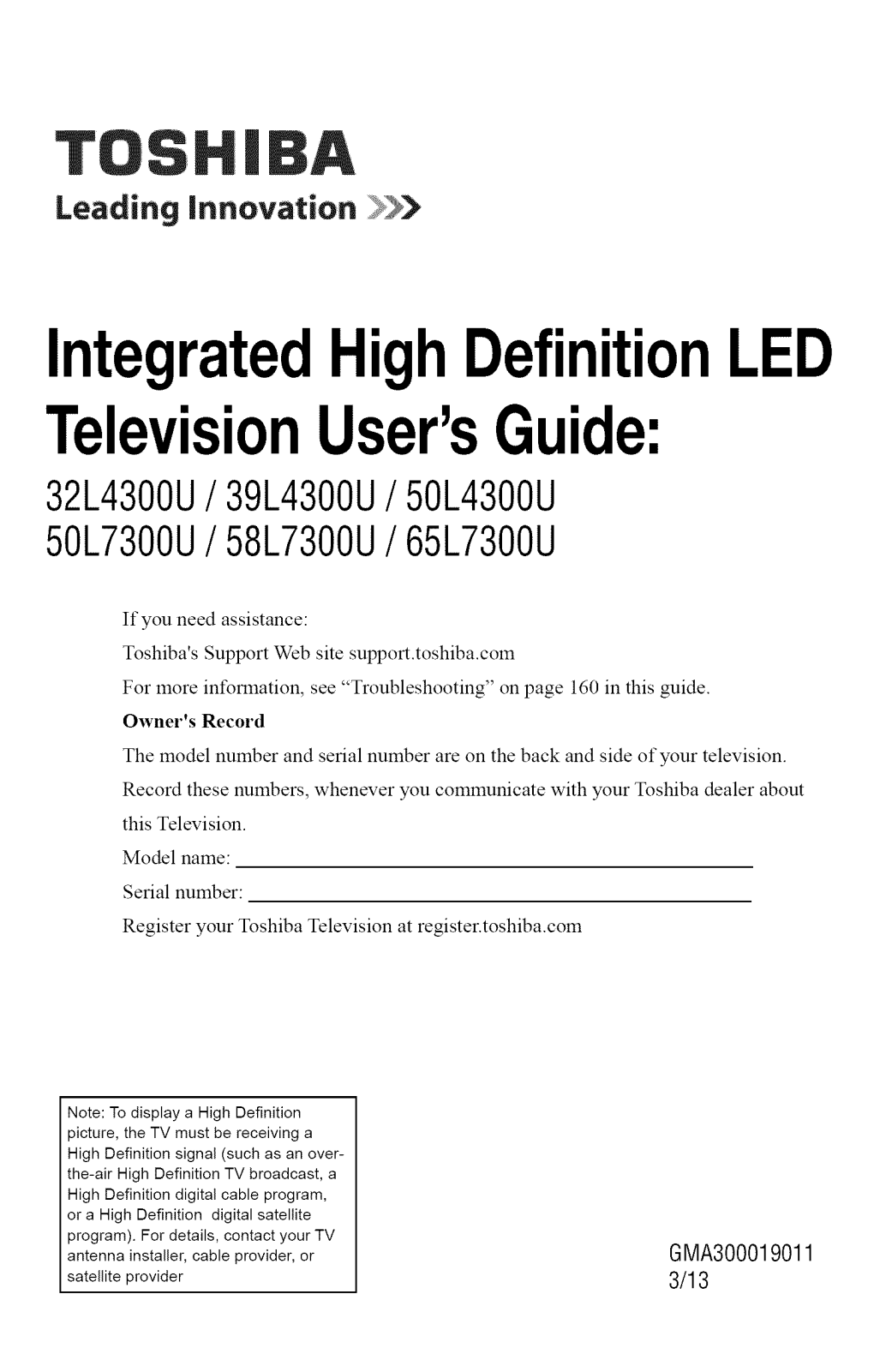 Toshiba 65L7300U, 58L7300U, 58L4300U, 50L7300U, 50L4300U Owner’s Manual