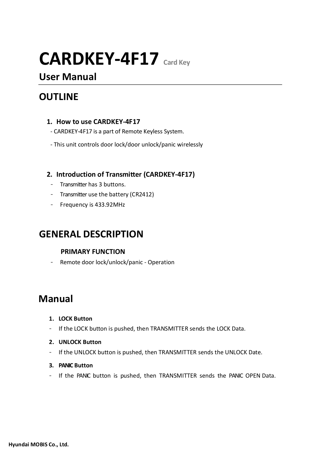 Hyundai CARDKEY 4F17 Users Manual