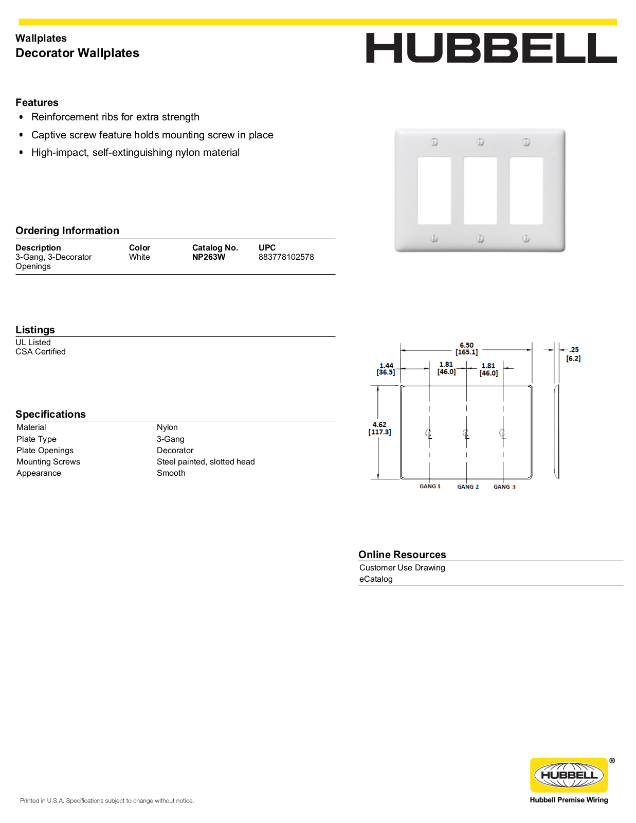 Hubbell NP263W Specifications