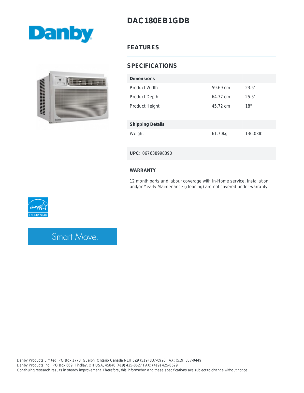 Danby DAC180EB1GDB Specsheet