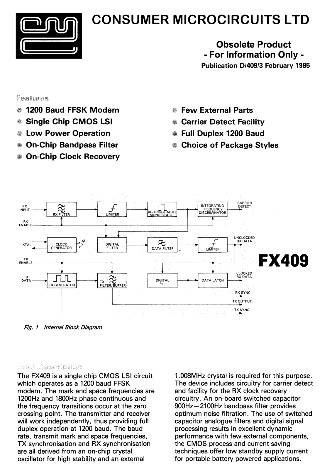 Datasheet FX409L, FX409LV1 Datasheet (Consumer Microcircuits Limited) - ManualMachine.com