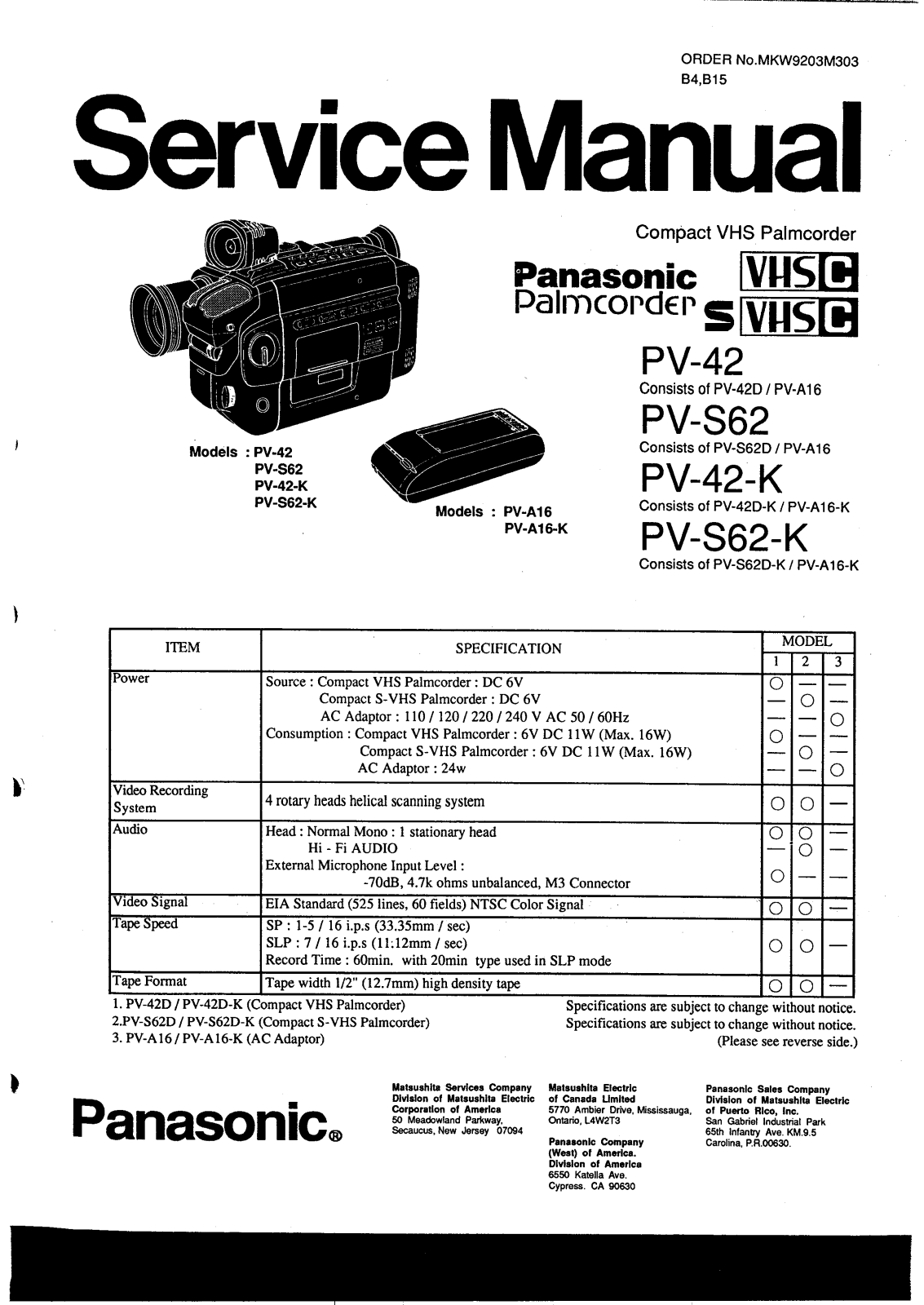Panasonic PV-42, PVS62, PV42K, PVS62K Service Manual
