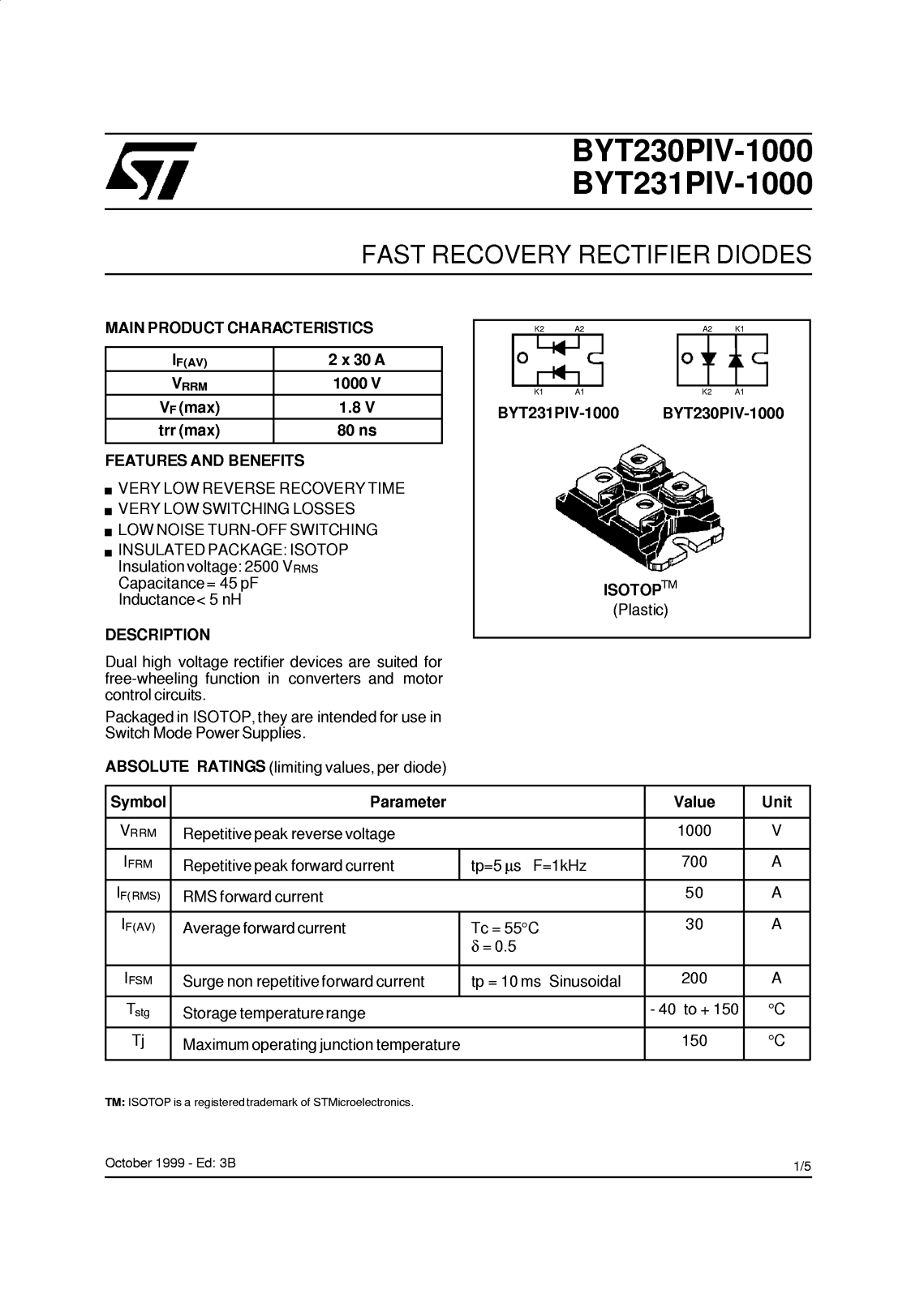 SGS Thomson Microelectronics BYT231PIV-1000, BYT230PIV-1000 Datasheet