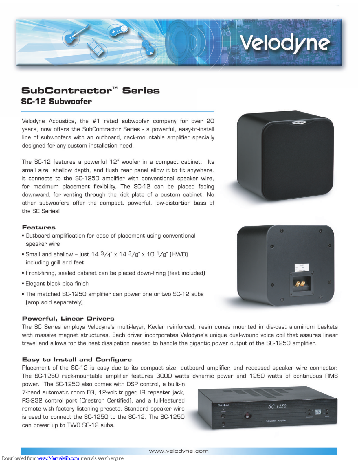 Velodyne SC-10 Subwoofer, SubContractor SC-12 Brochure & Specs