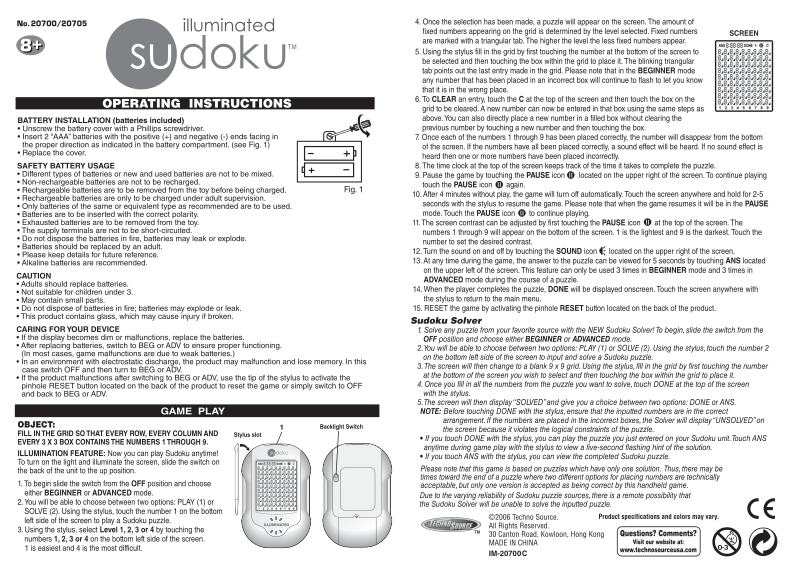 Techno Source Illuminated Sudoku User Manual