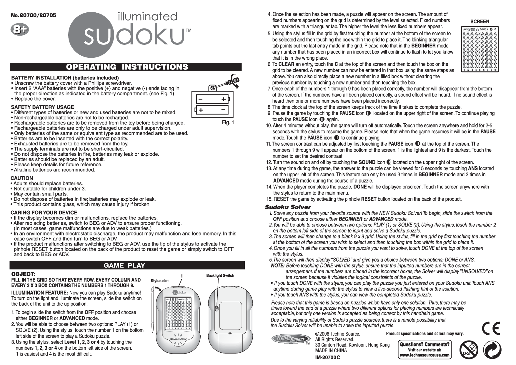 Techno Source Illuminated Sudoku User Manual