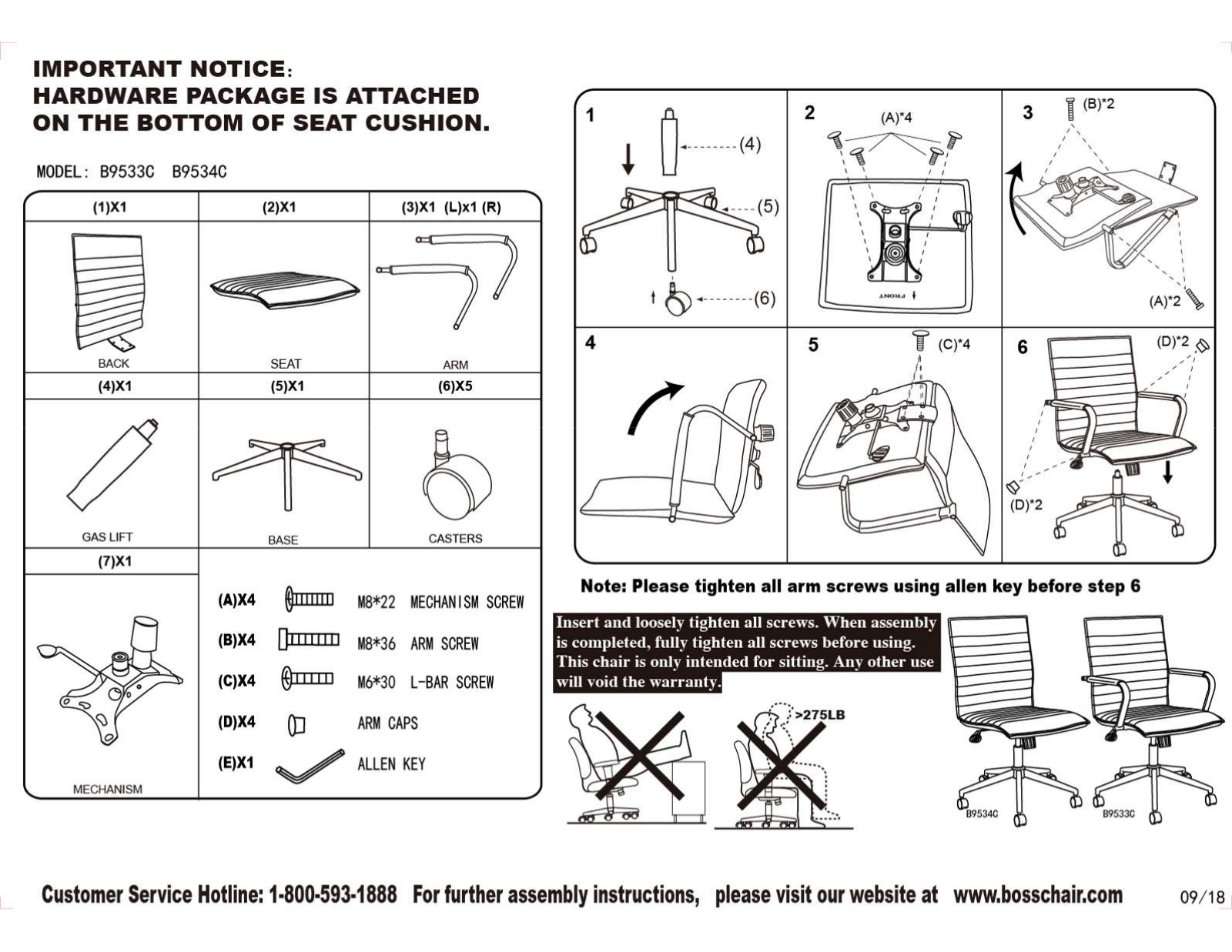 Boss B9534CBK, B9533CGY, B9533CBK Assembly Guide