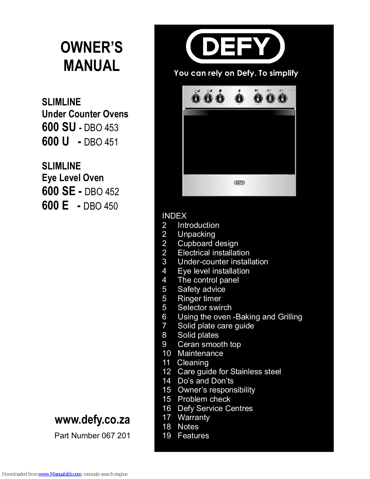 Defy DBO 453, DBO 451, DBO 450, DBO 452 Owner's Manual