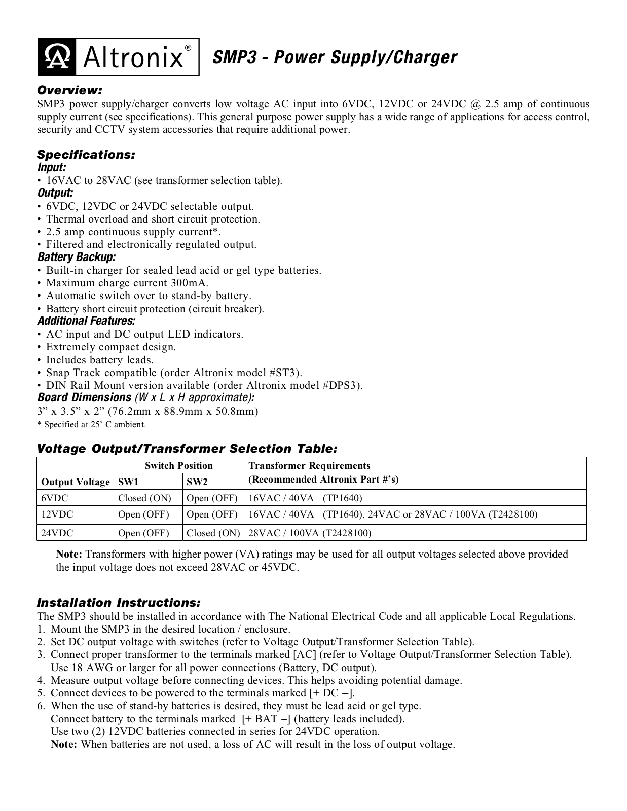 Altronix SMP3 Installation Instructions