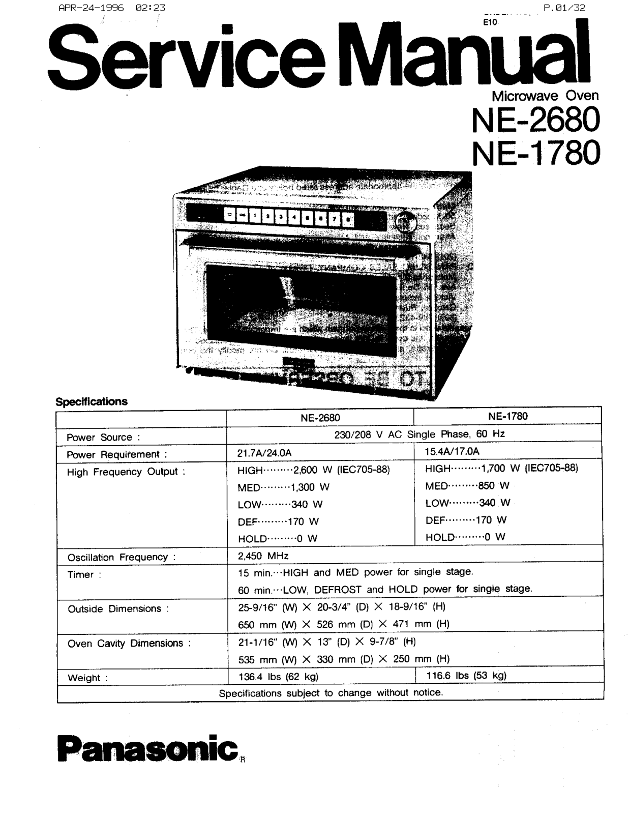 Panasonic ne-1780 service manual