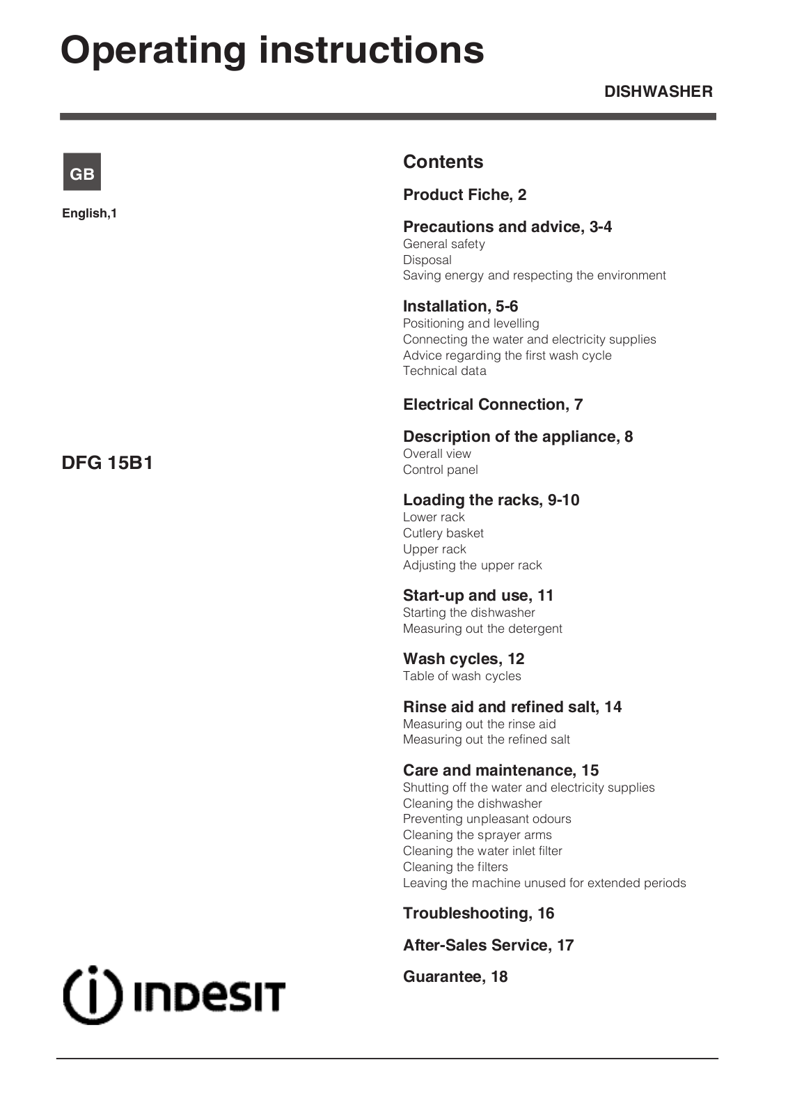 Indesit DFG15B1, DFG15B1K, DFG15B1S Operating Instructions