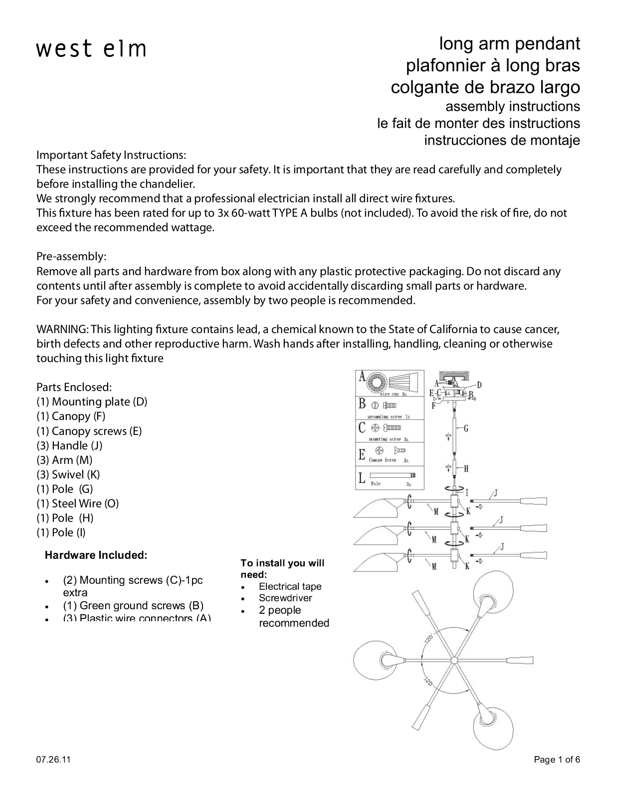 West Elm Long Arm Chandelier Assembly Instruction