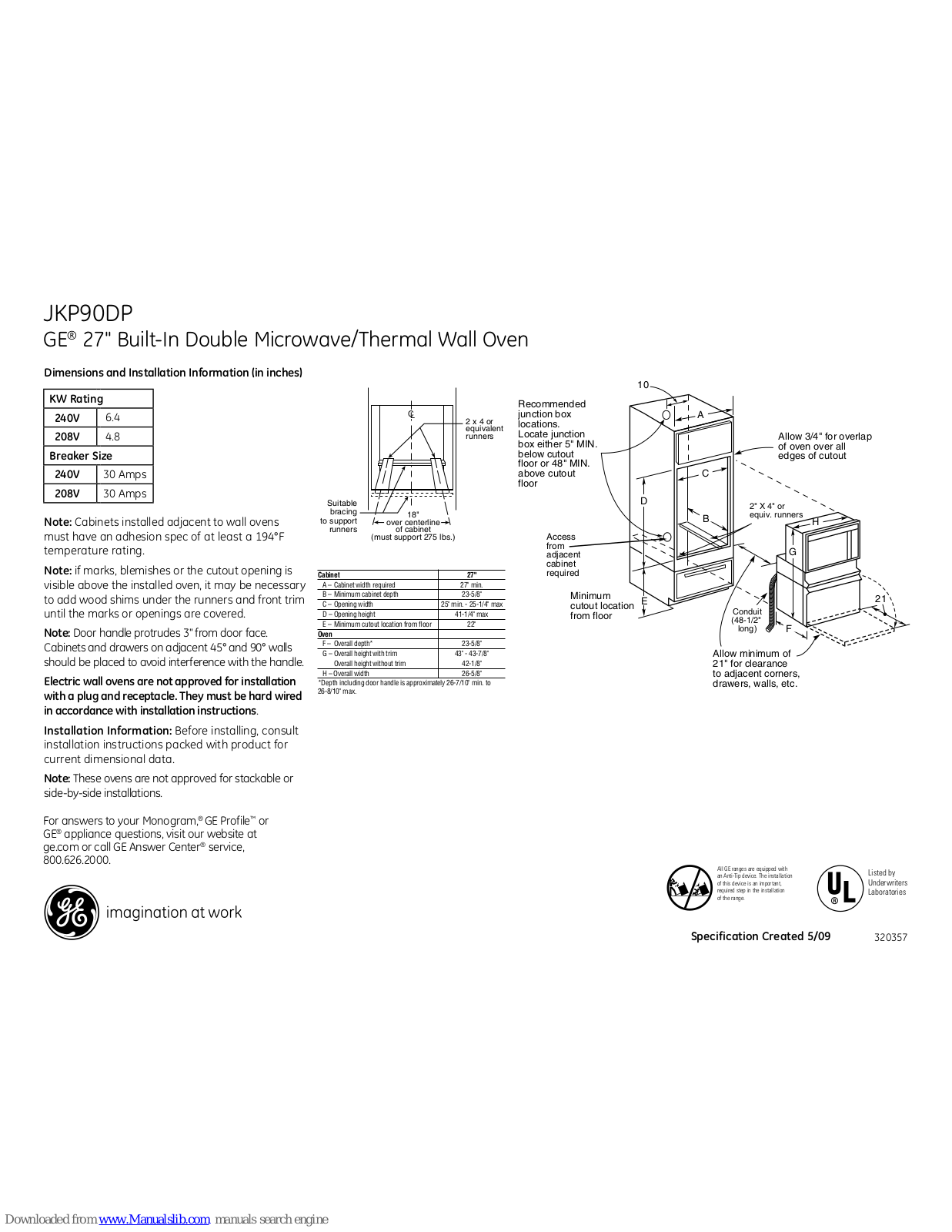 GE JKP90DPCC, JKP90DPWW Dimensions And Installation Information