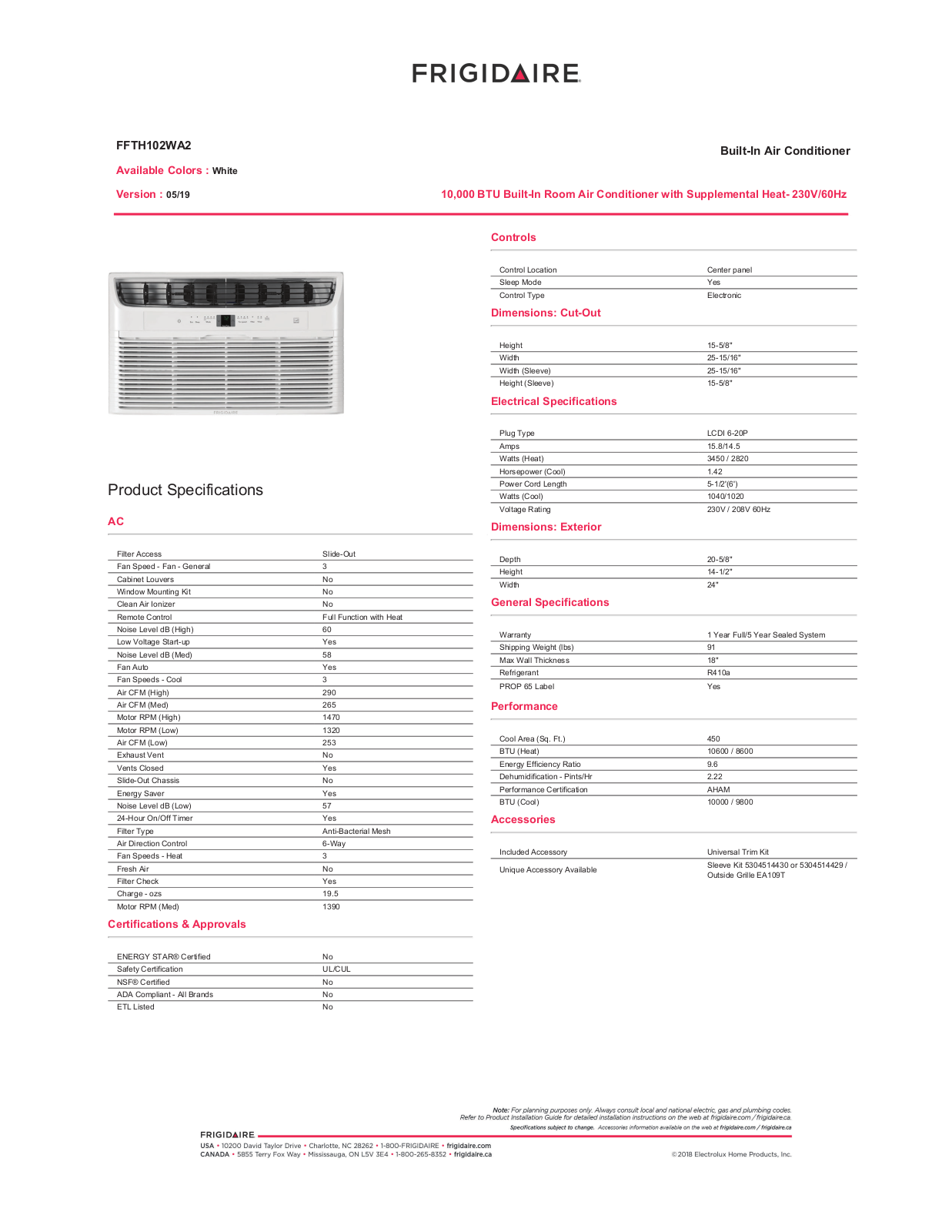 Frigidaire FFTH102WA2 Specifications