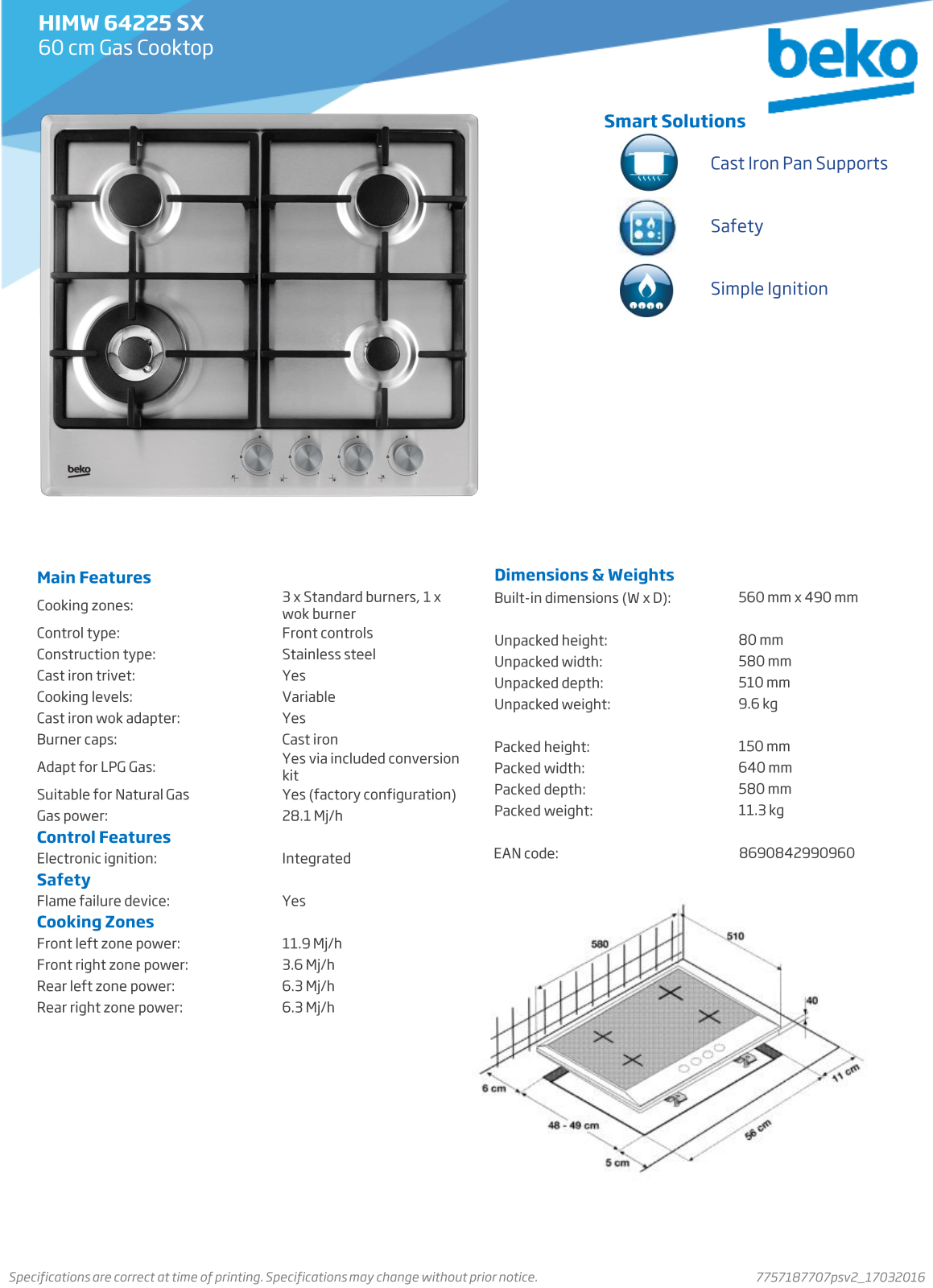 Beko HIMW64225SX Specifications Sheet