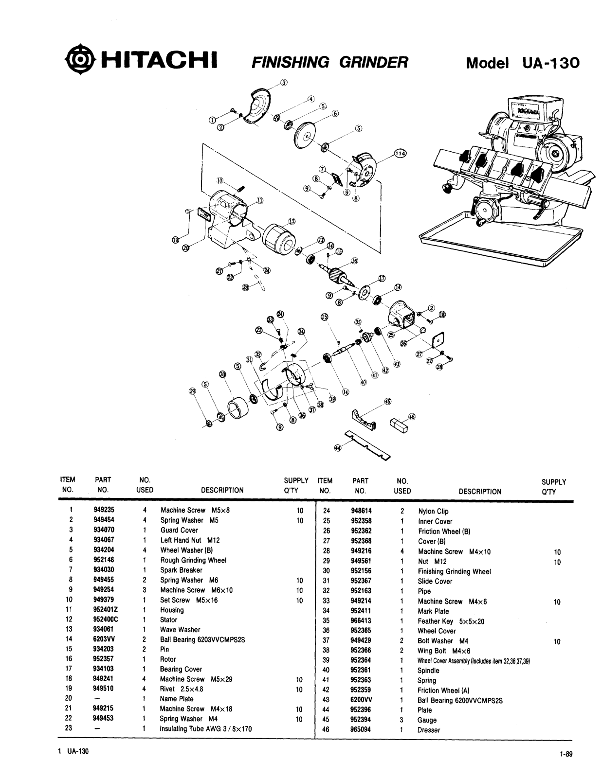 Hitachi UA130 PARTS LIST