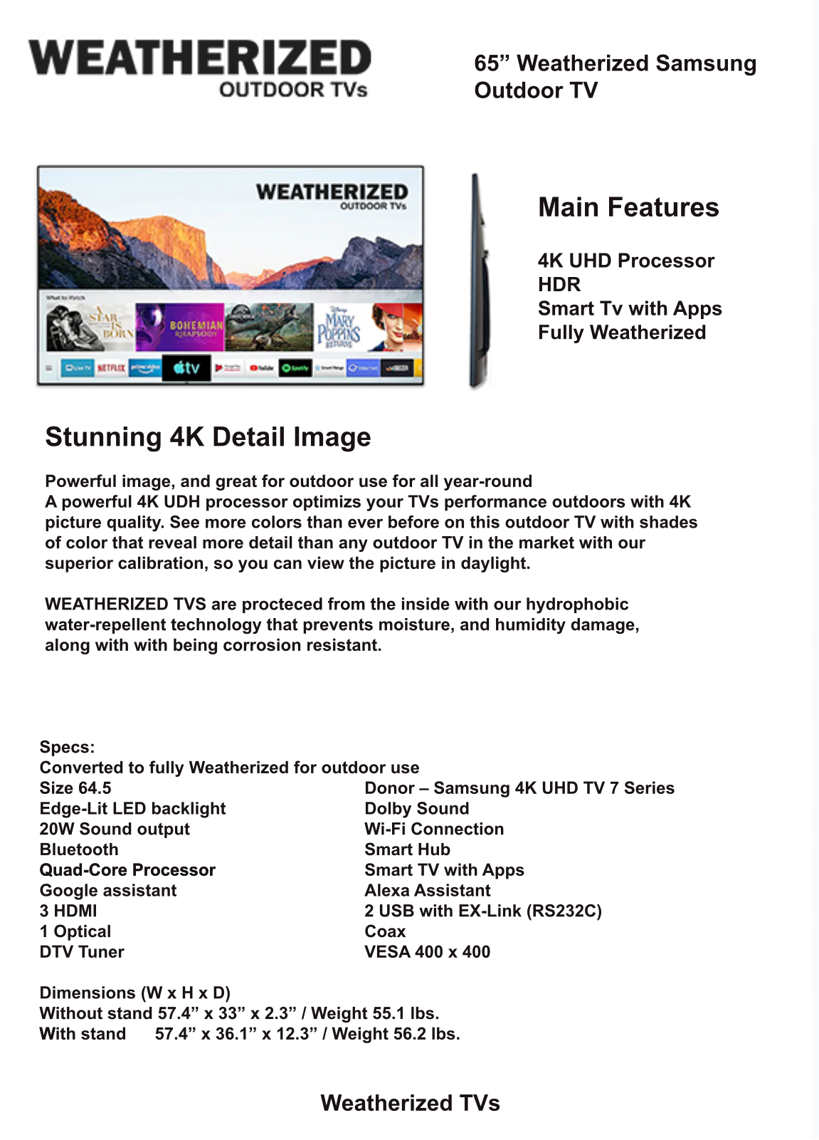 Weatherized TVs 65S7PWT, 65S7WT Specifications - ManualMachine.com