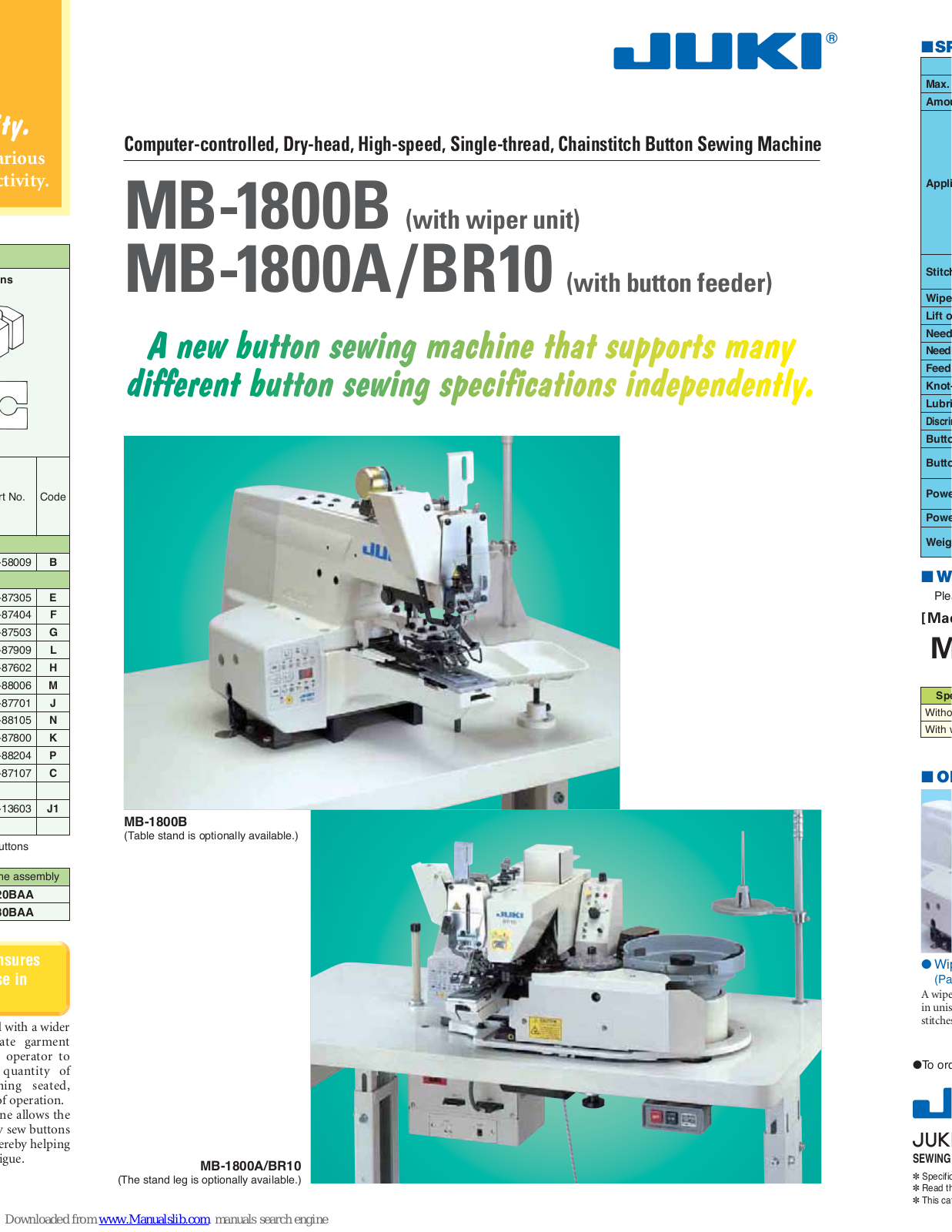 JUKI MB-1800B, MB-1800A/BR10 Specifications