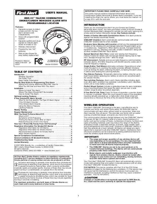 First Alert SCO500 User Manual