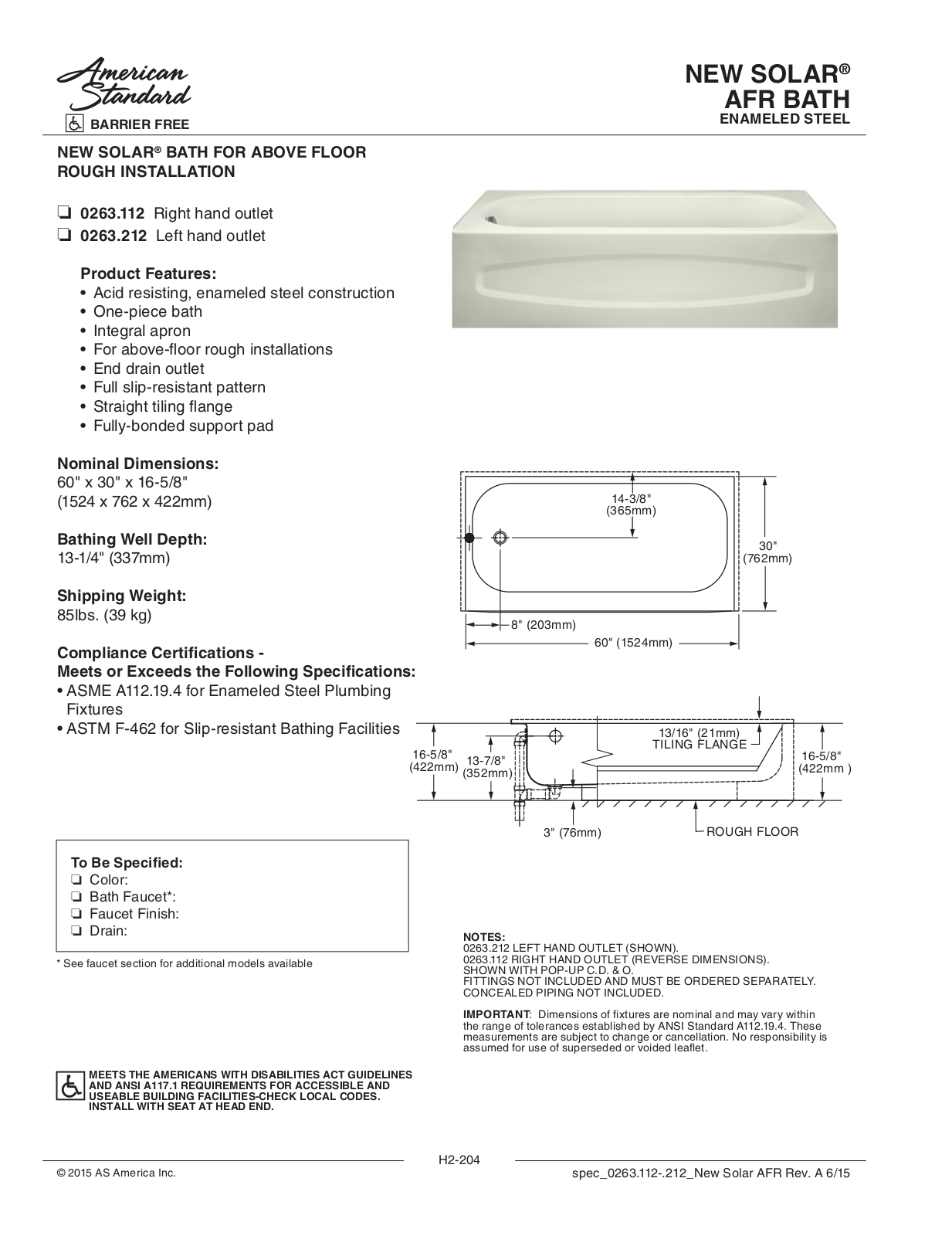 American Standard ASD10182 Specification Sheet - ManualMachine.com
