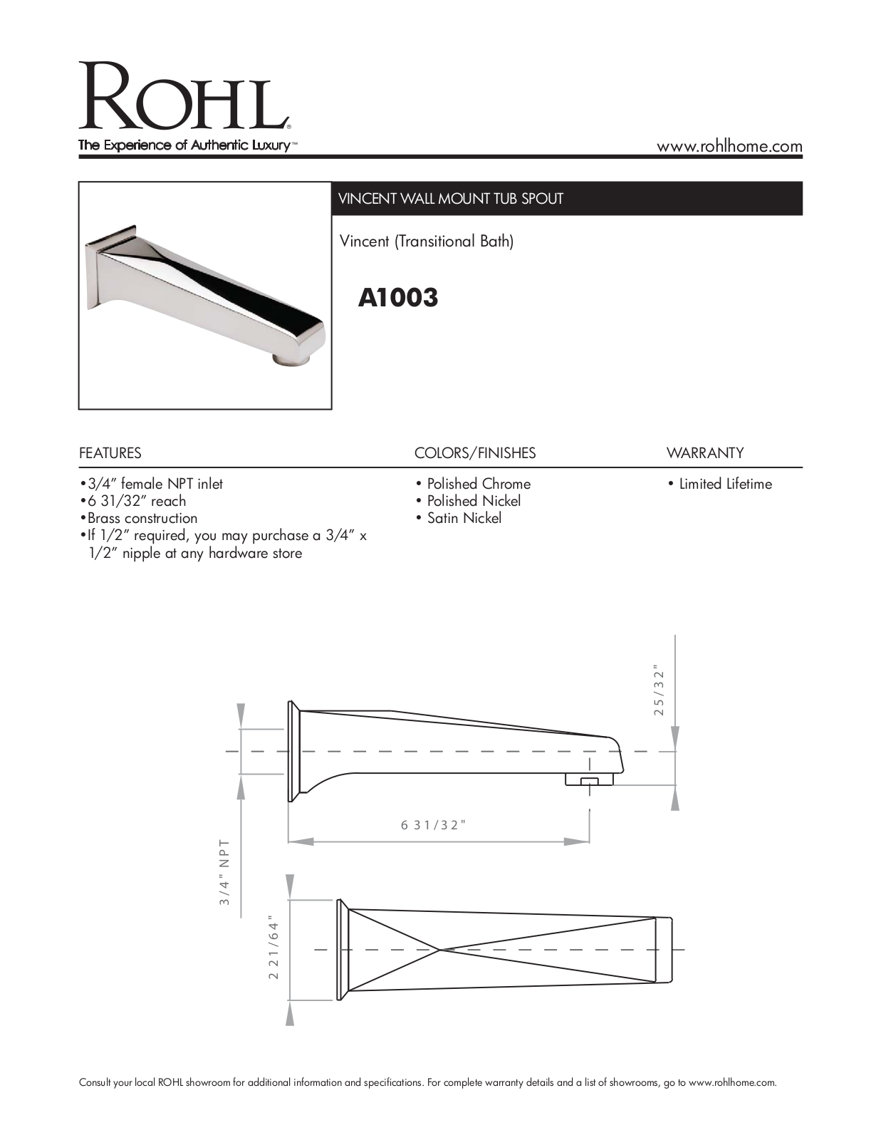 Rohl A1003STN Specifications