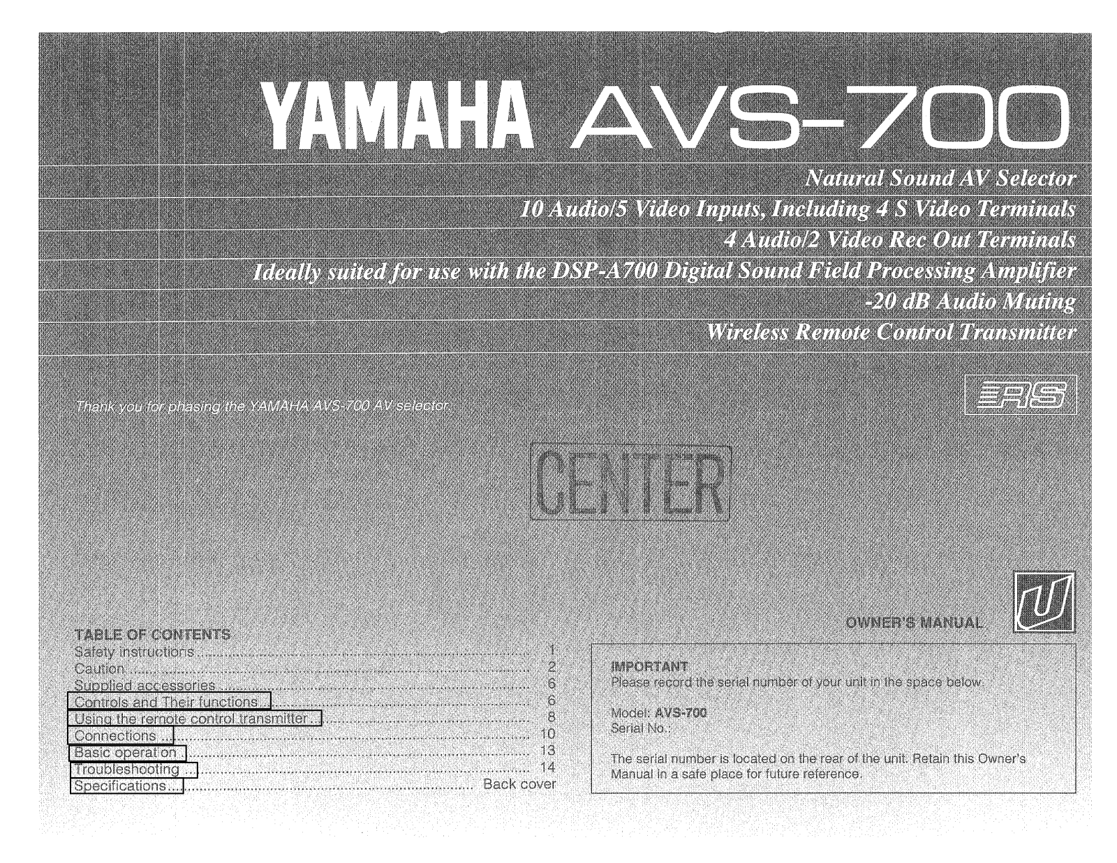 Yamaha AVS-700 Owners manual