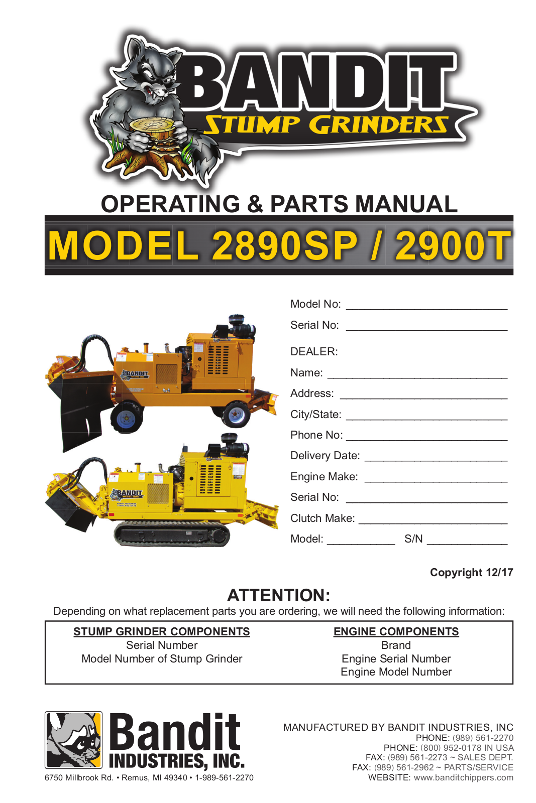 Bandit 2890SP, 2900T Operating & Parts Manual