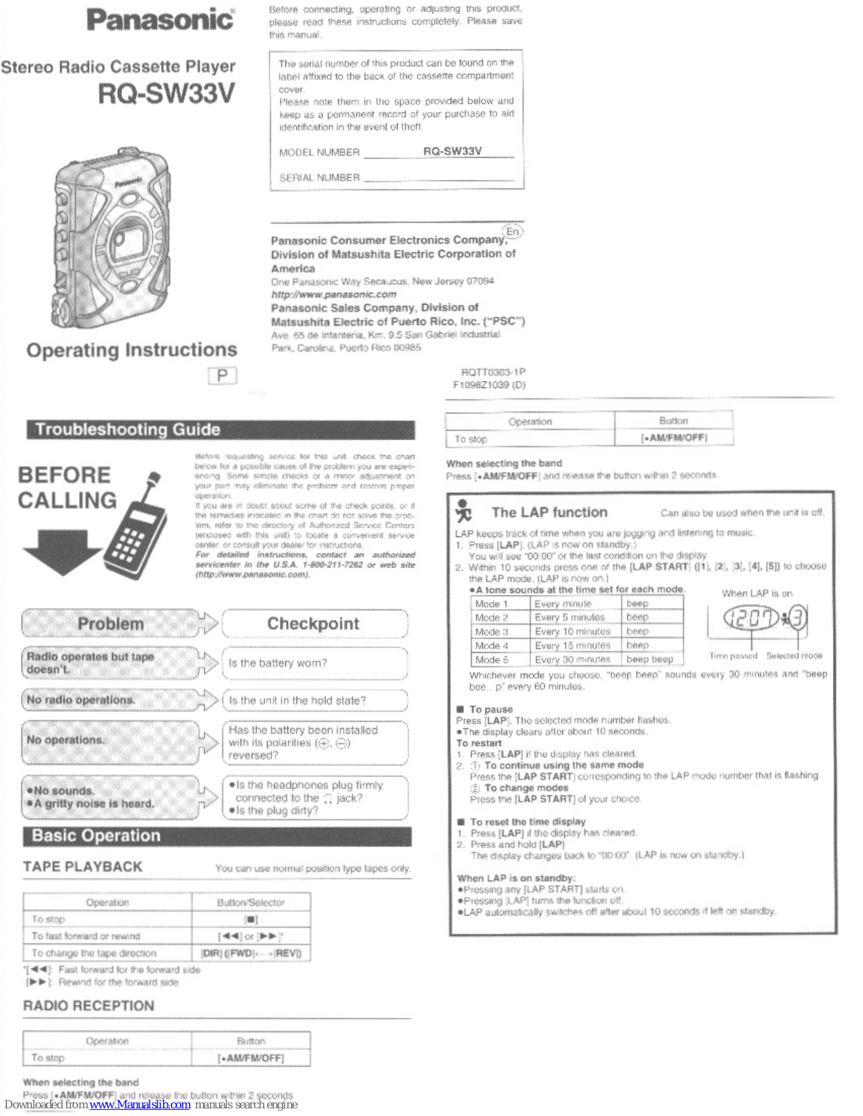 Panasonic RQ-SW33VA, RQ-SW33VK, RQ-SW33VS Operating Instructions Manual