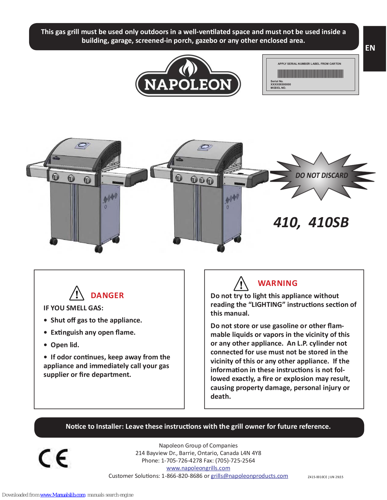 Napoleon 410, 410SB, 325, 325 SB Instructions Manual