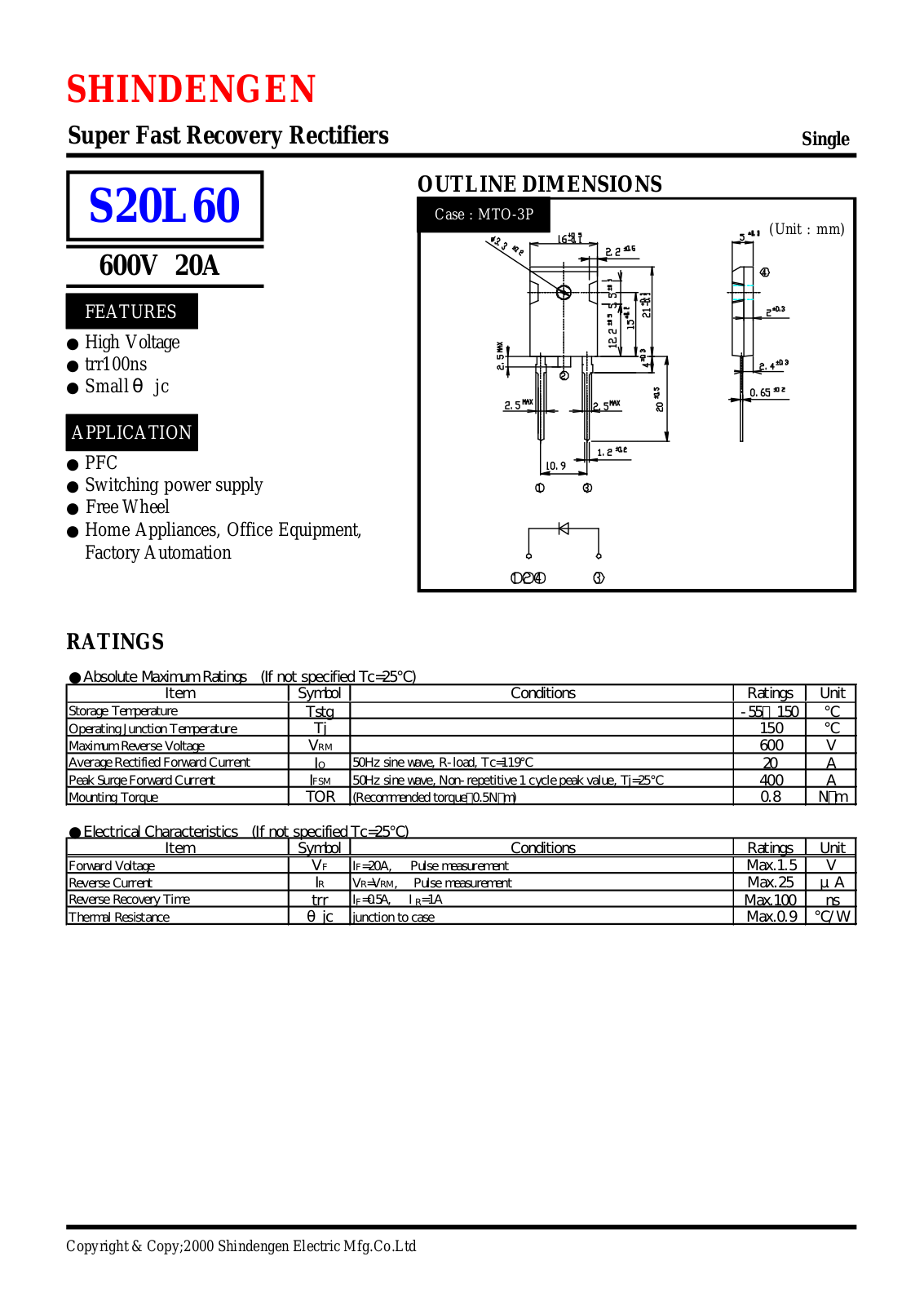 Shindengen Electric Manufacturing Company Ltd S20L60 Datasheet