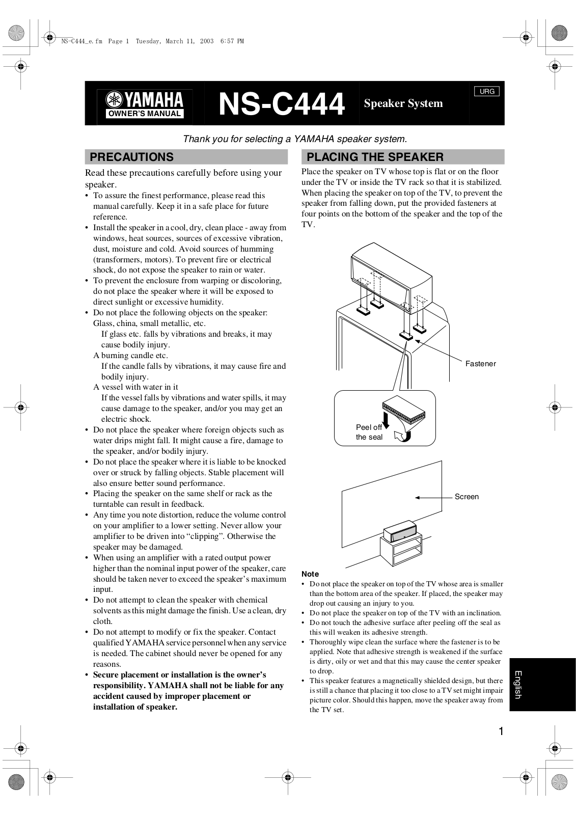 Yamaha NS-C444 Owners Manual