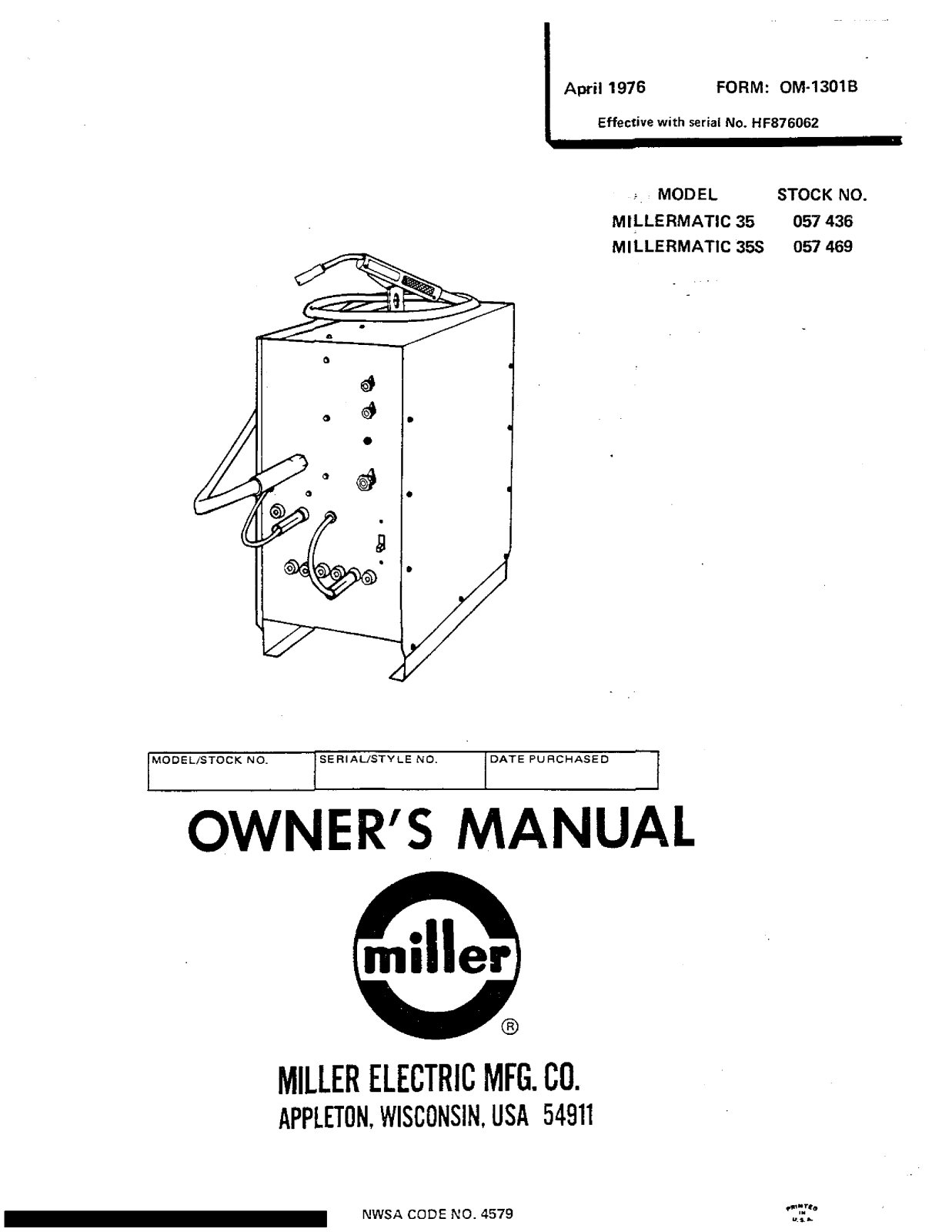 Miller Electric MILLERMATIC 35, MILLERMATIC 35S Owner's Manual