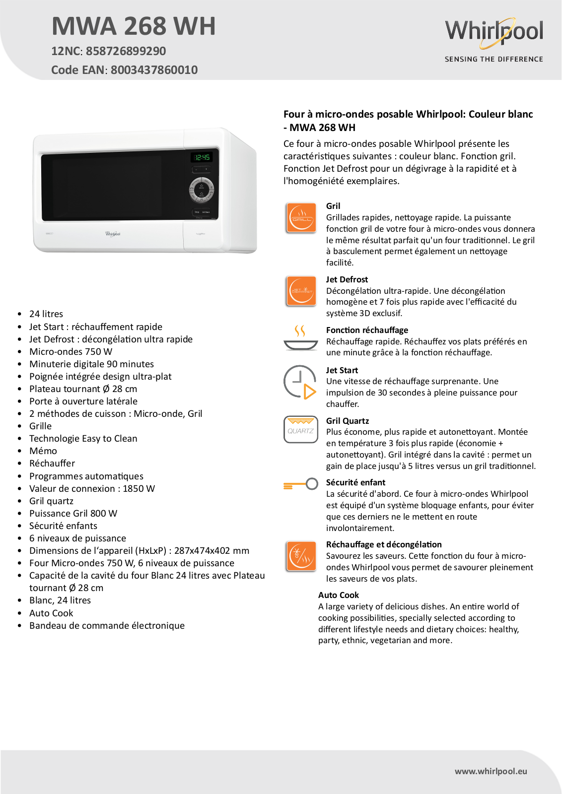 Whirlpool MWA 268 WH Product information