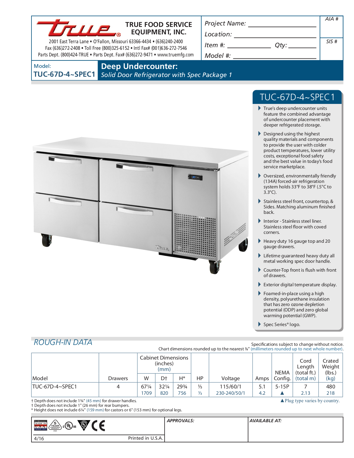 True Refrigeration TUC-67D-4 User Manual