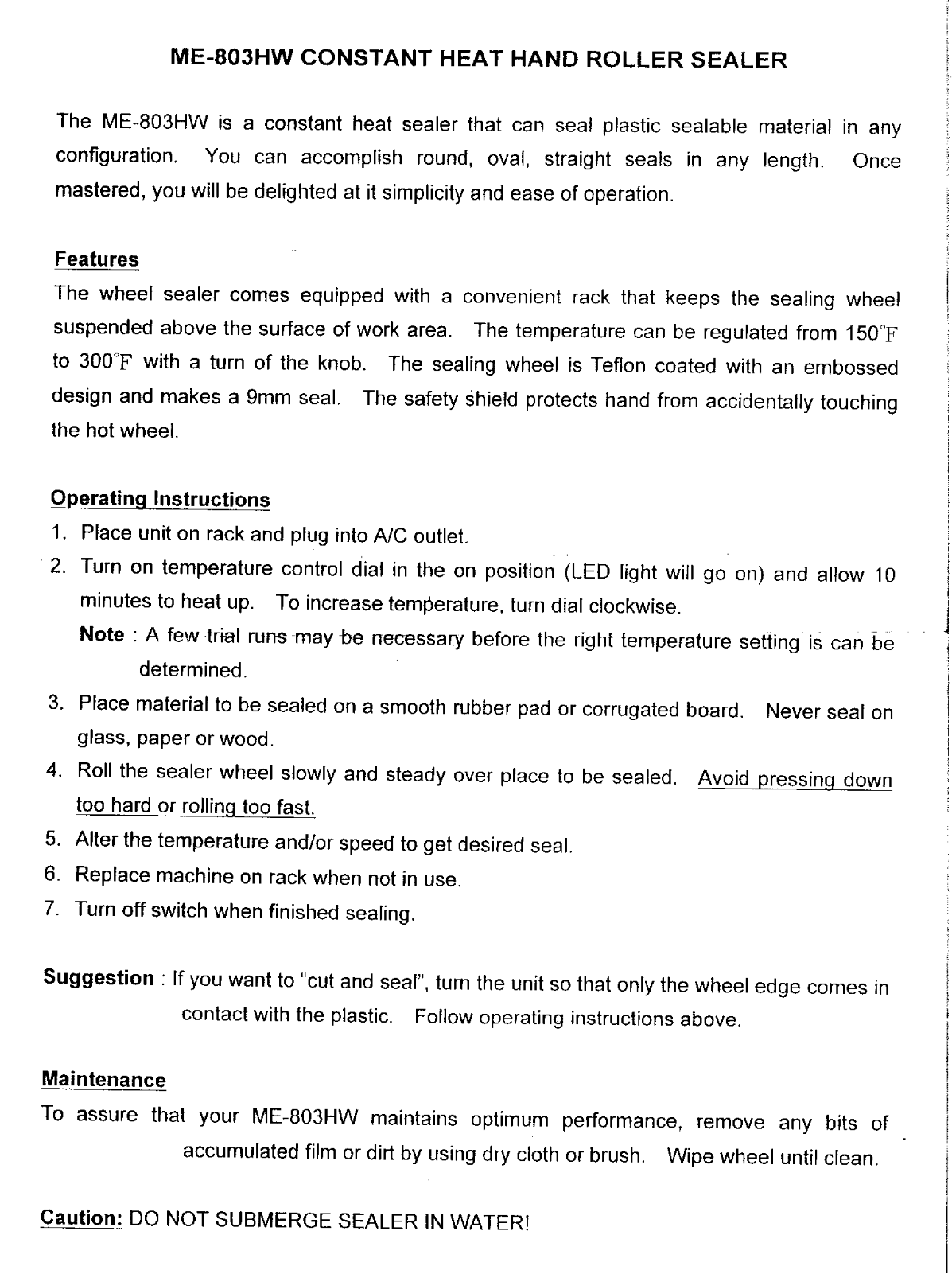 Heat Seal ME-803HW Installation  Manual