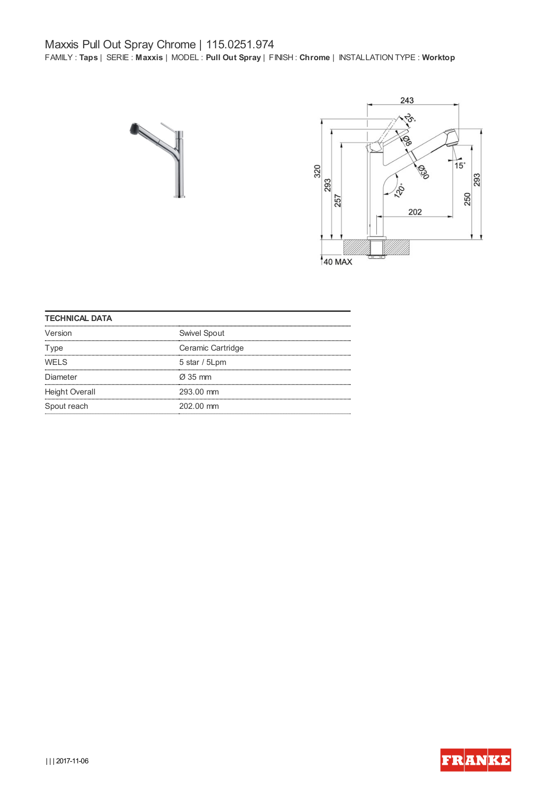 Franke TA6201 Specifications Sheet